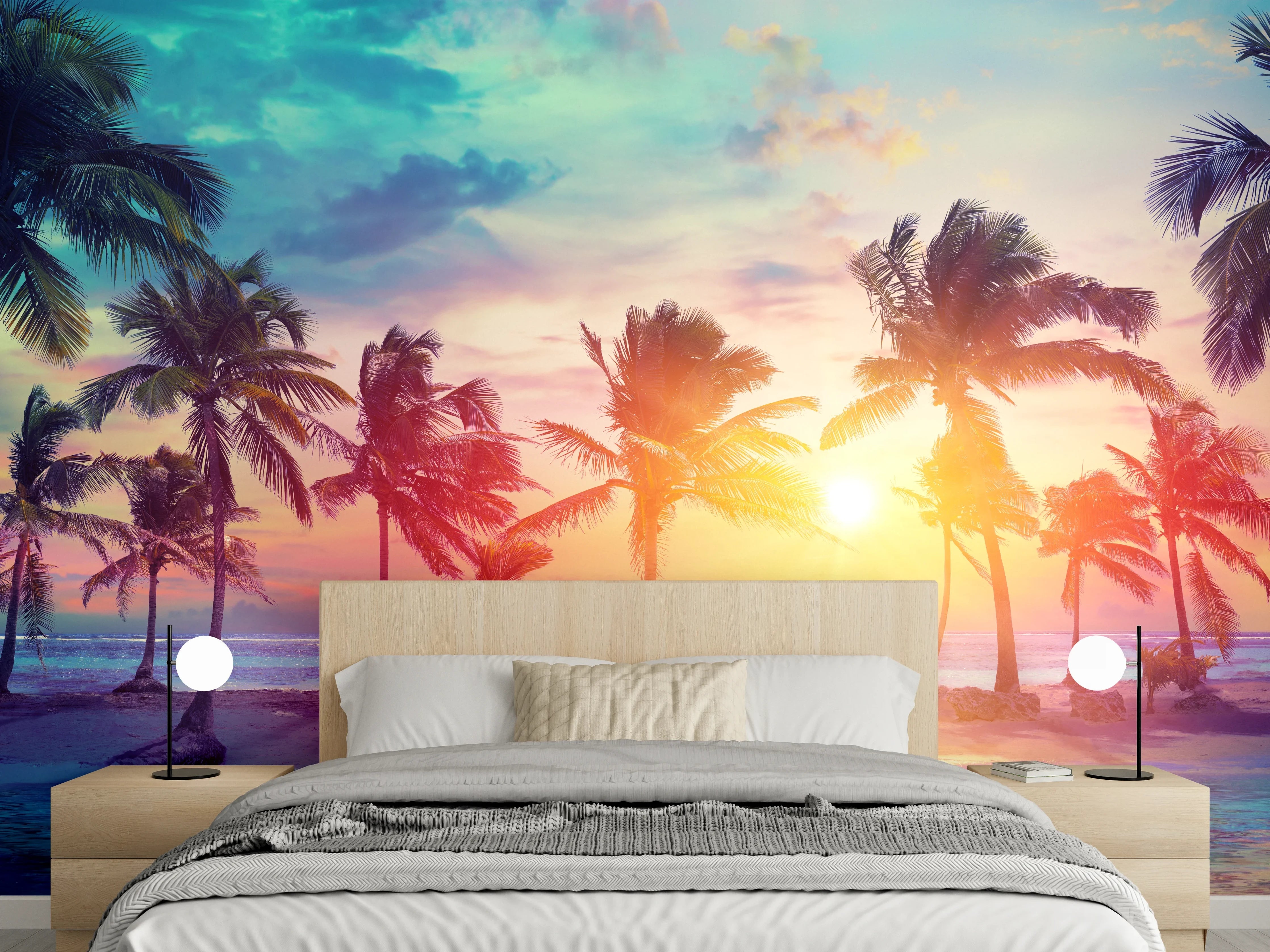 Wandverkleidung Schlafzimmer - Tropischer Sonnenuntergang Palmen Strand