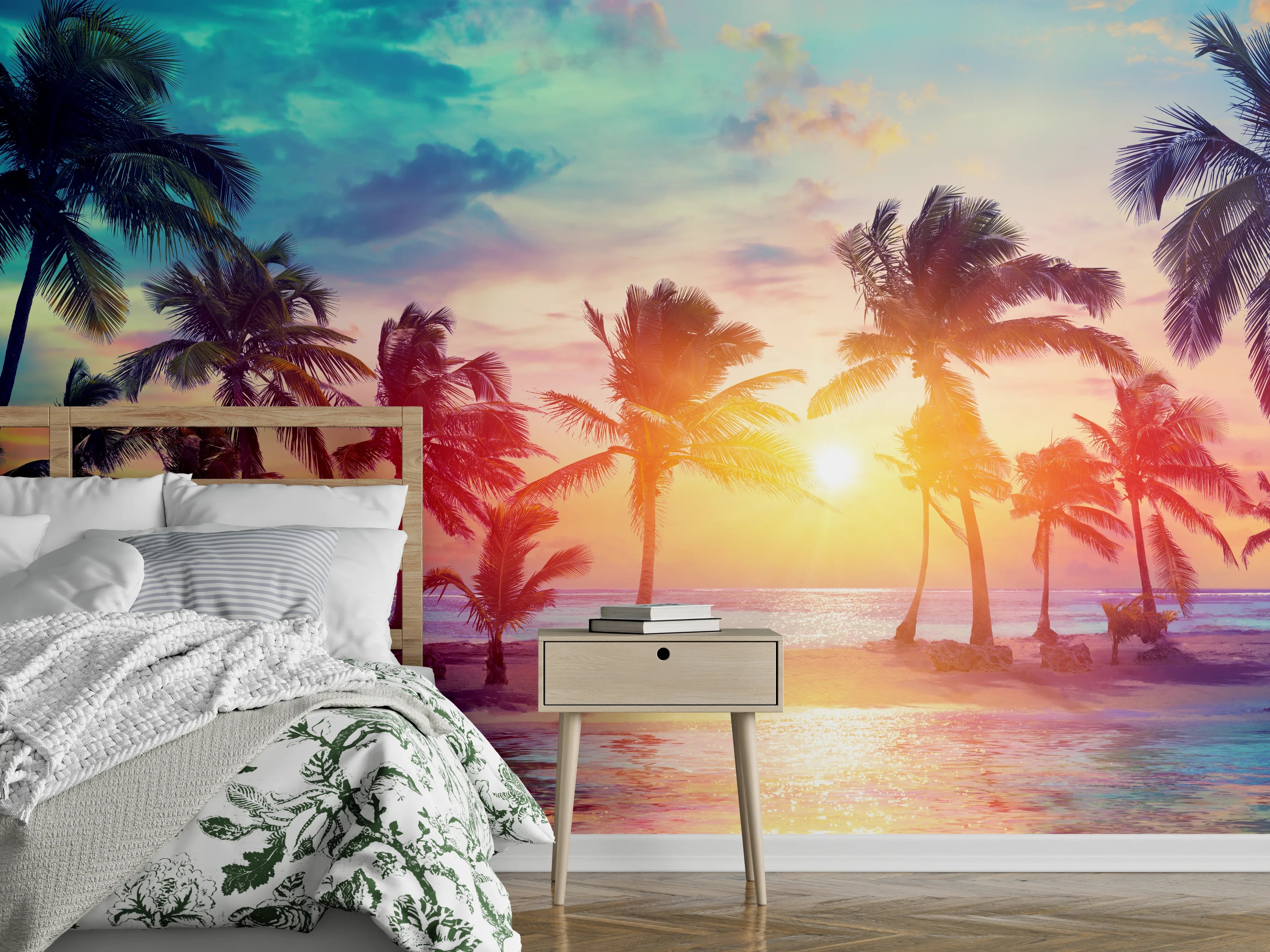 Wandverkleidung Schlafzimmer - Tropischer Sonnenuntergang Palmen Strand
