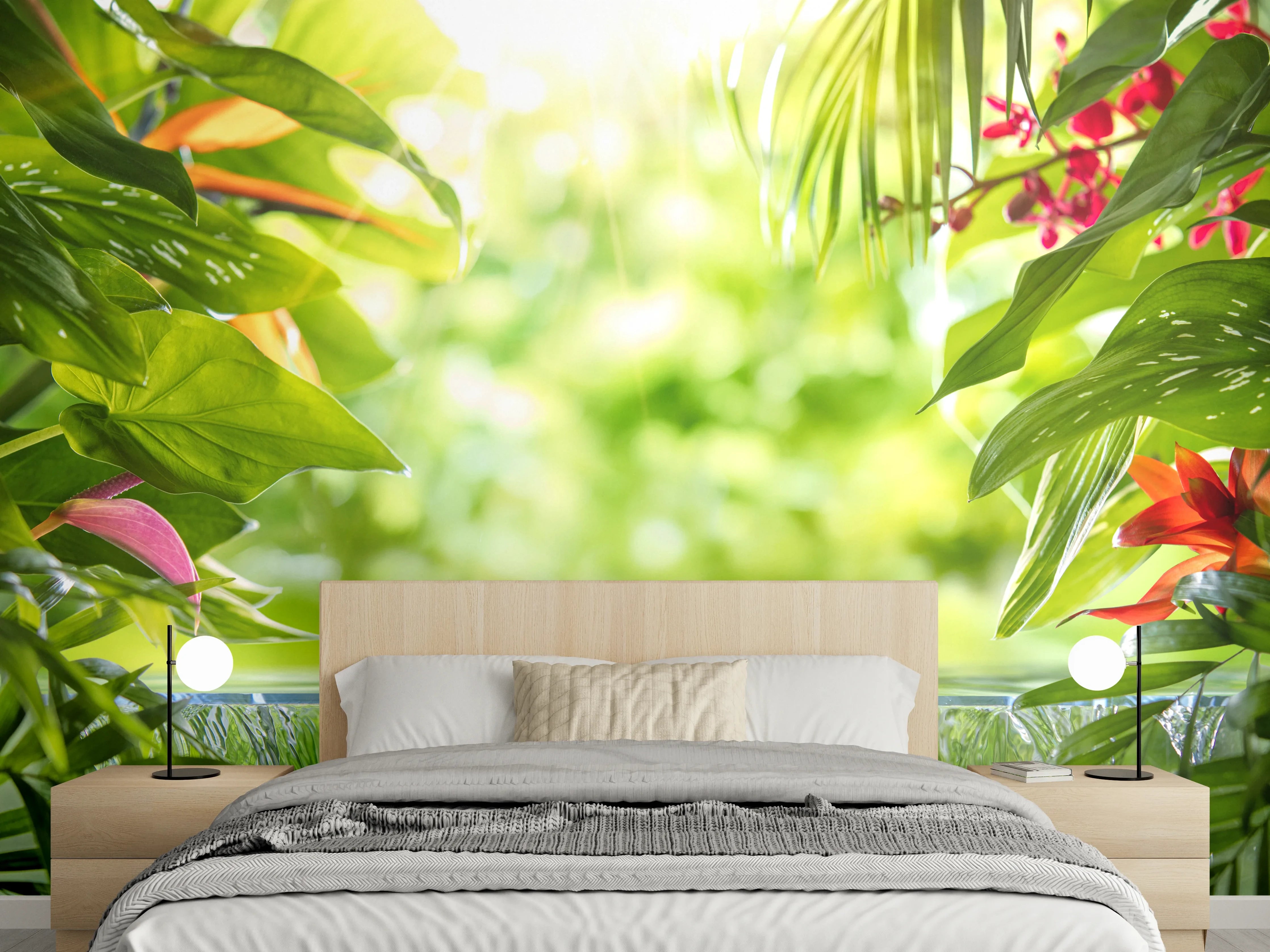 Wandverkleidung Schlafzimmer - Tropischer Wasserfall mit Blüten