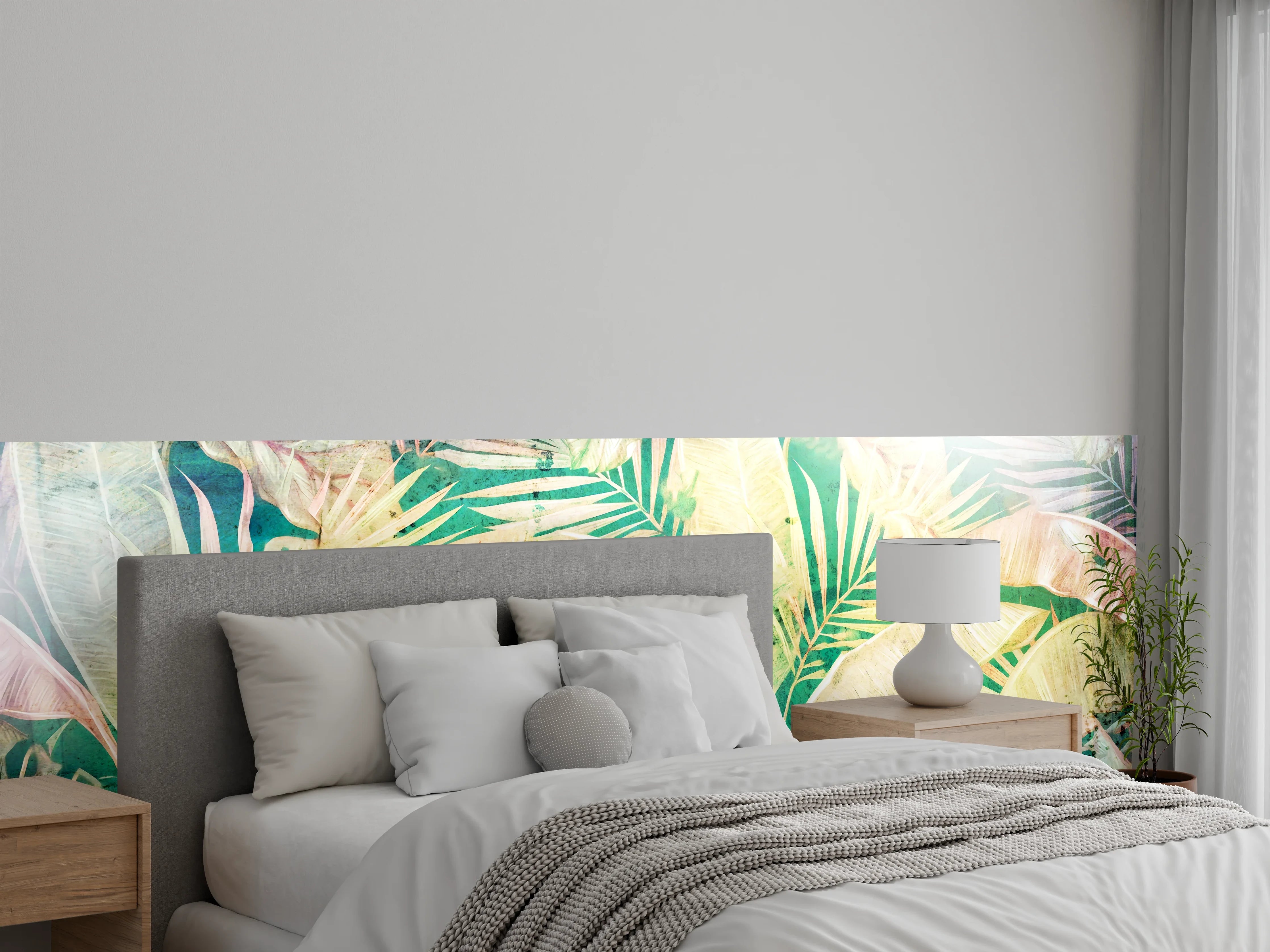 Wandverkleidung Schlafzimmer - Tropisches Blättermuster Aquarell Wandbild