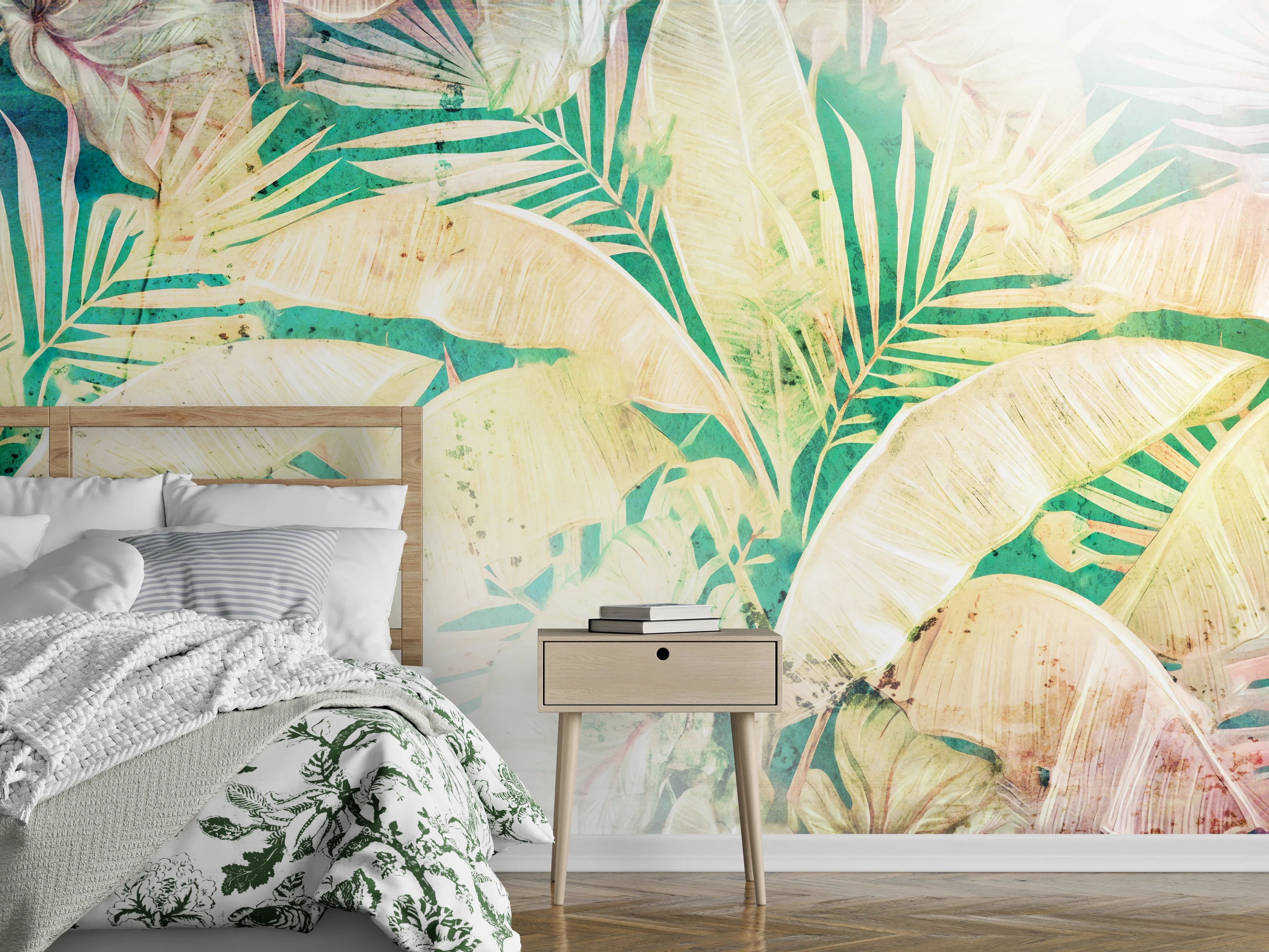 Wandverkleidung Schlafzimmer - Tropisches Blättermuster Aquarell Wandbild