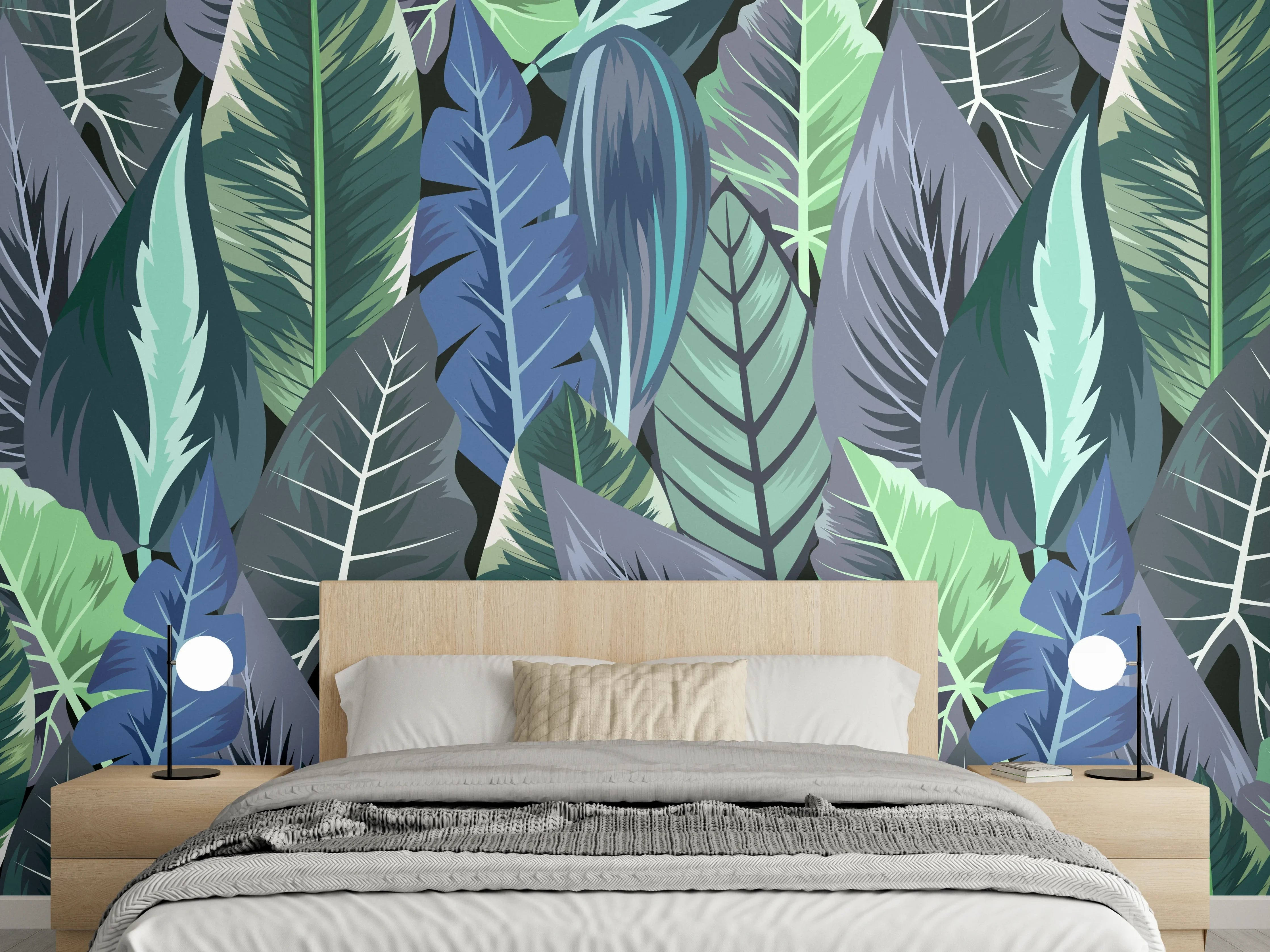 Wandverkleidung Schlafzimmer - Tropisches Blatt-Labyrinth Grün-Blau