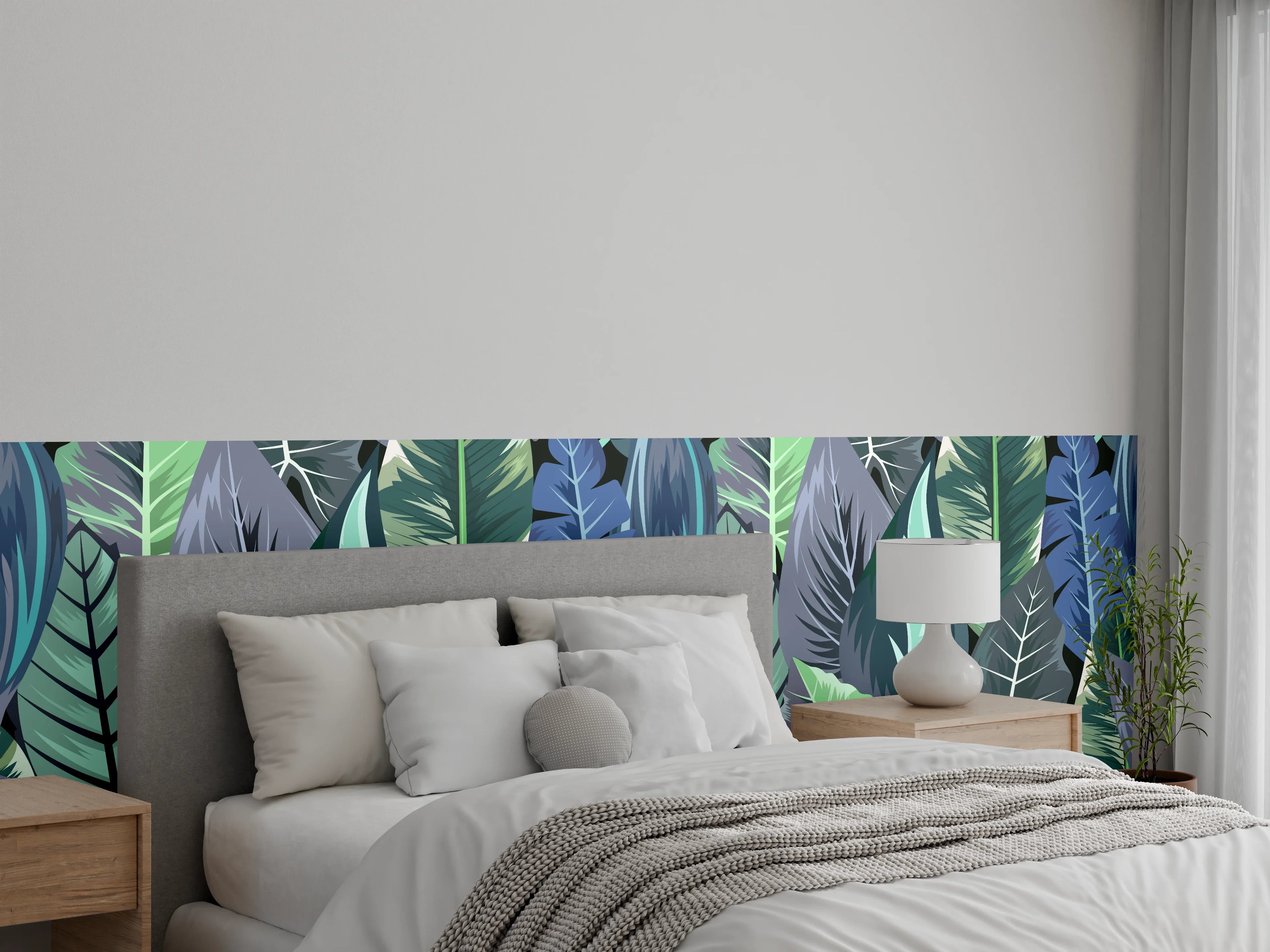 Wandverkleidung Schlafzimmer - Tropisches Blatt-Labyrinth Grün-Blau