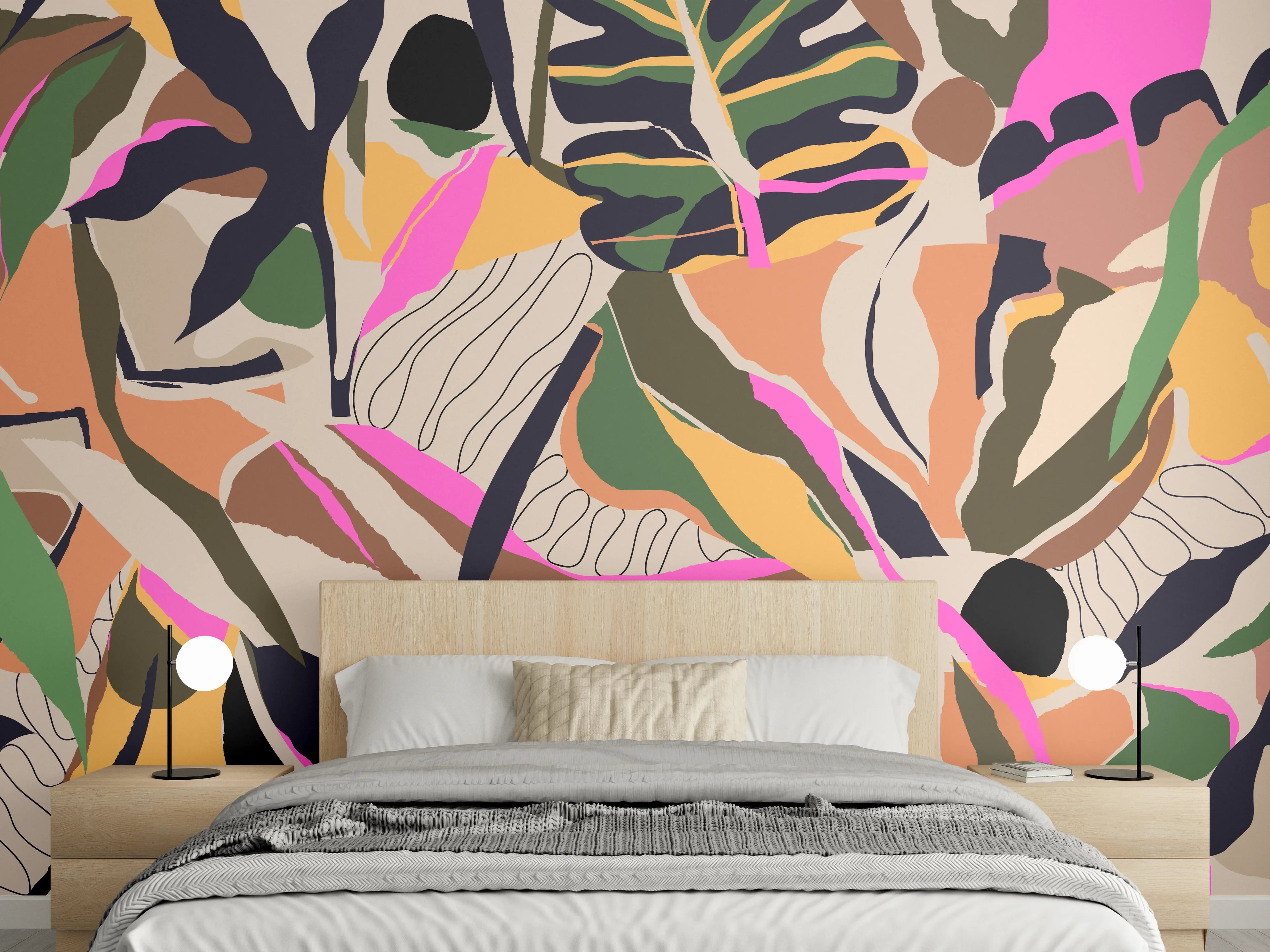 Wandverkleidung Schlafzimmer - Tropisches Blattmuster Beige-Pink
