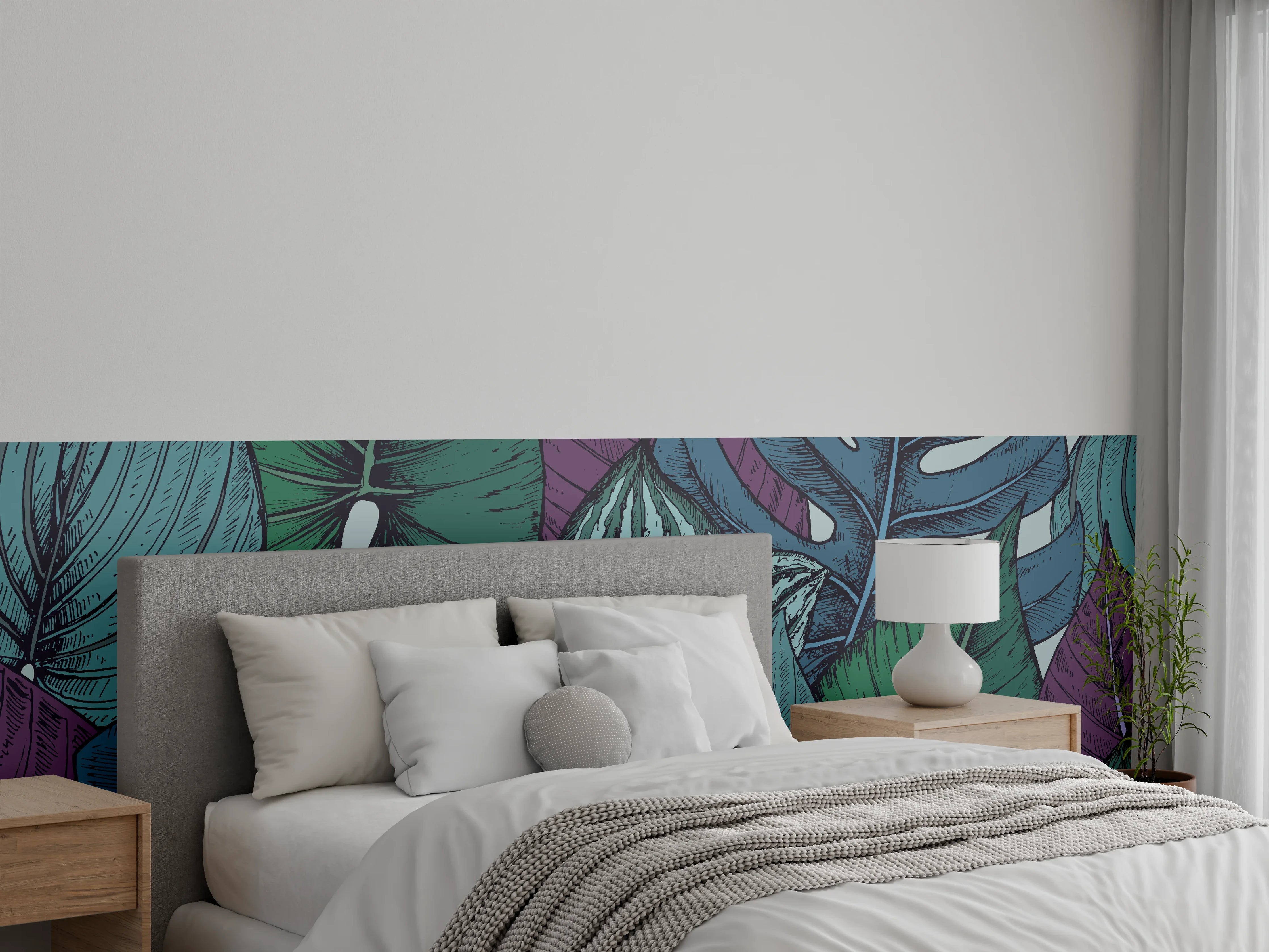 Wandverkleidung Schlafzimmer - Tropisches Blattmuster Türkis-Lila
