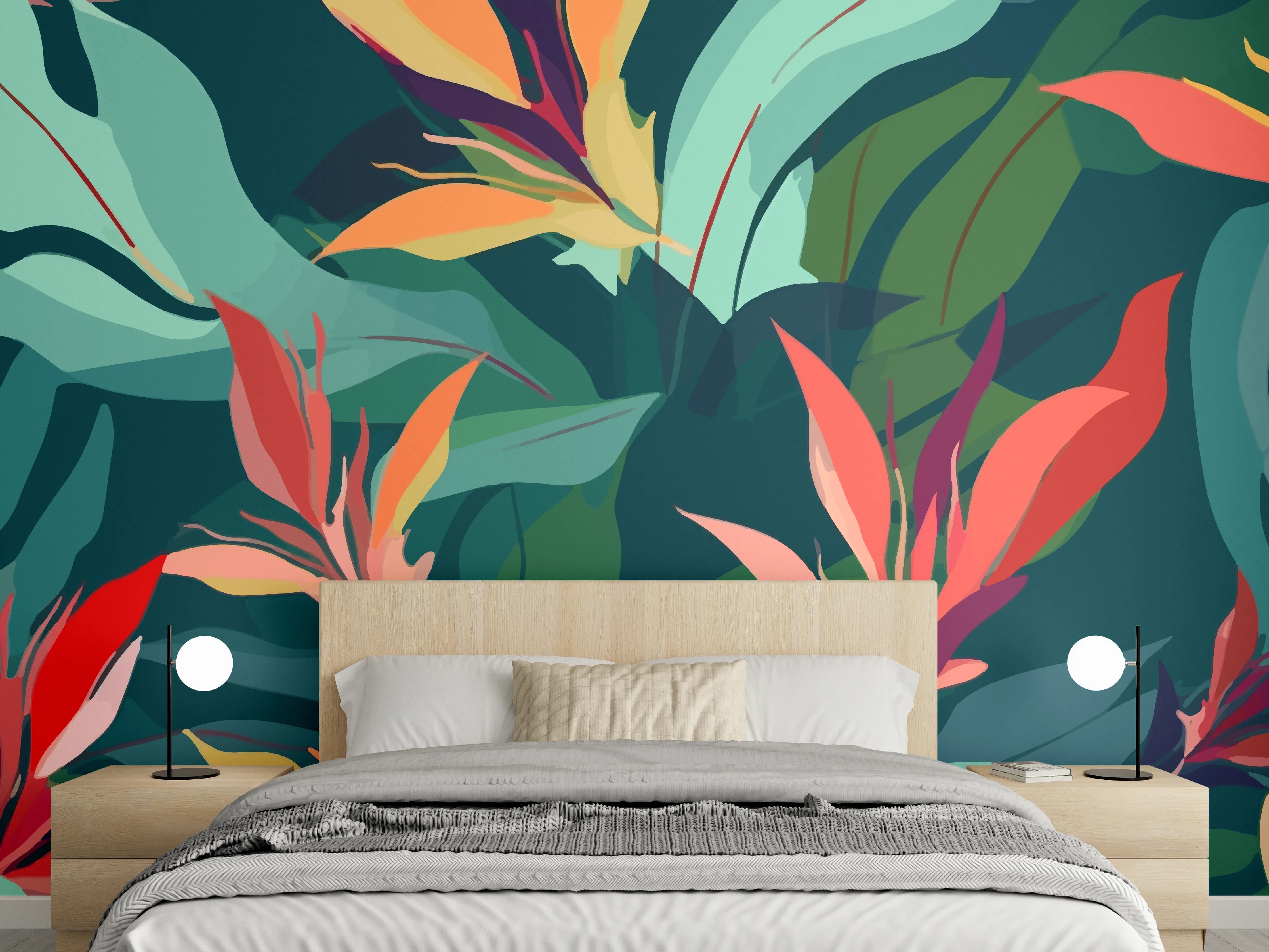 Wandverkleidung Schlafzimmer - Tropisches Blütenblattmuster Grün-Türkis