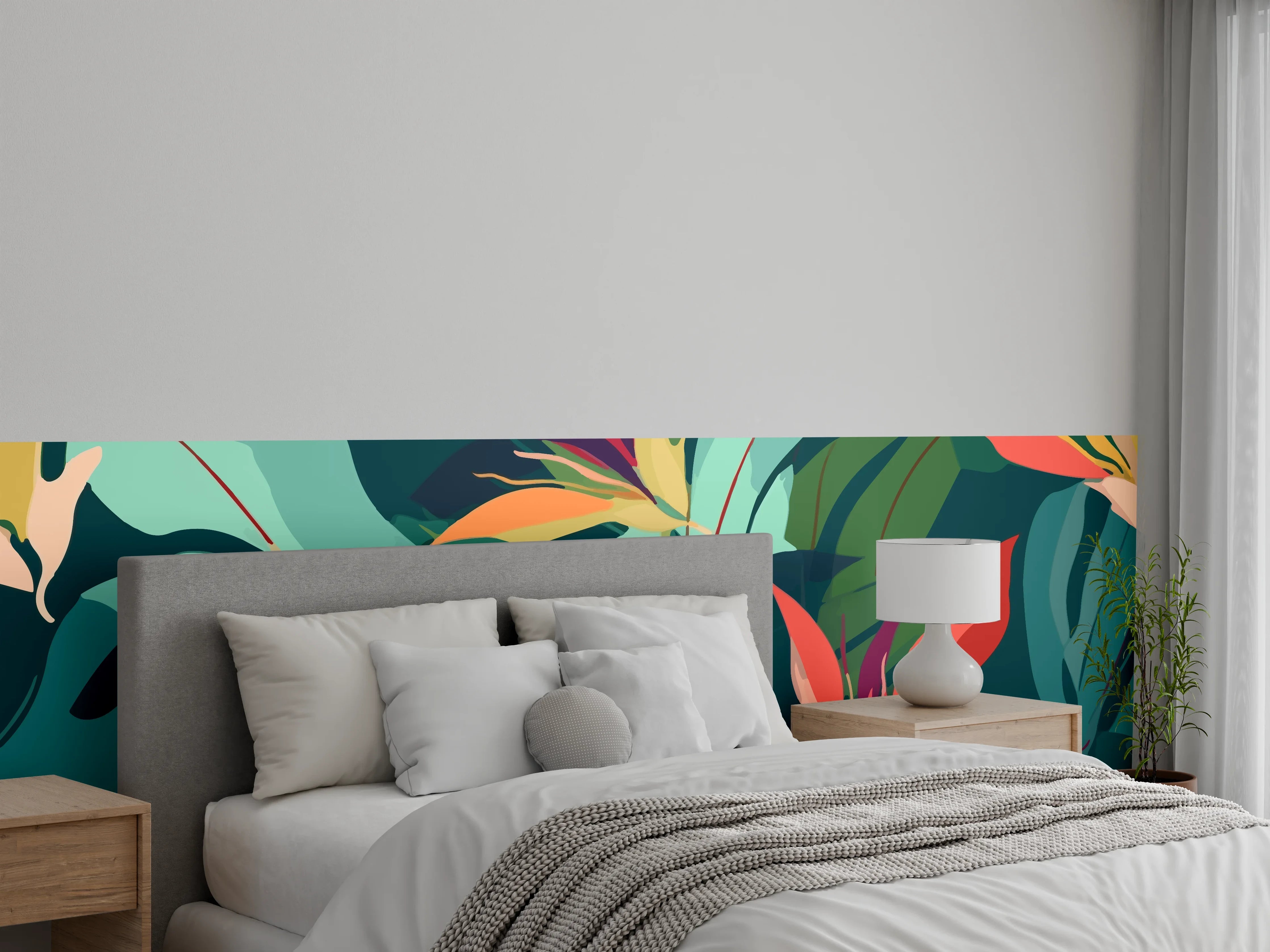 Wandverkleidung Schlafzimmer - Tropisches Blütenblattmuster Grün-Türkis