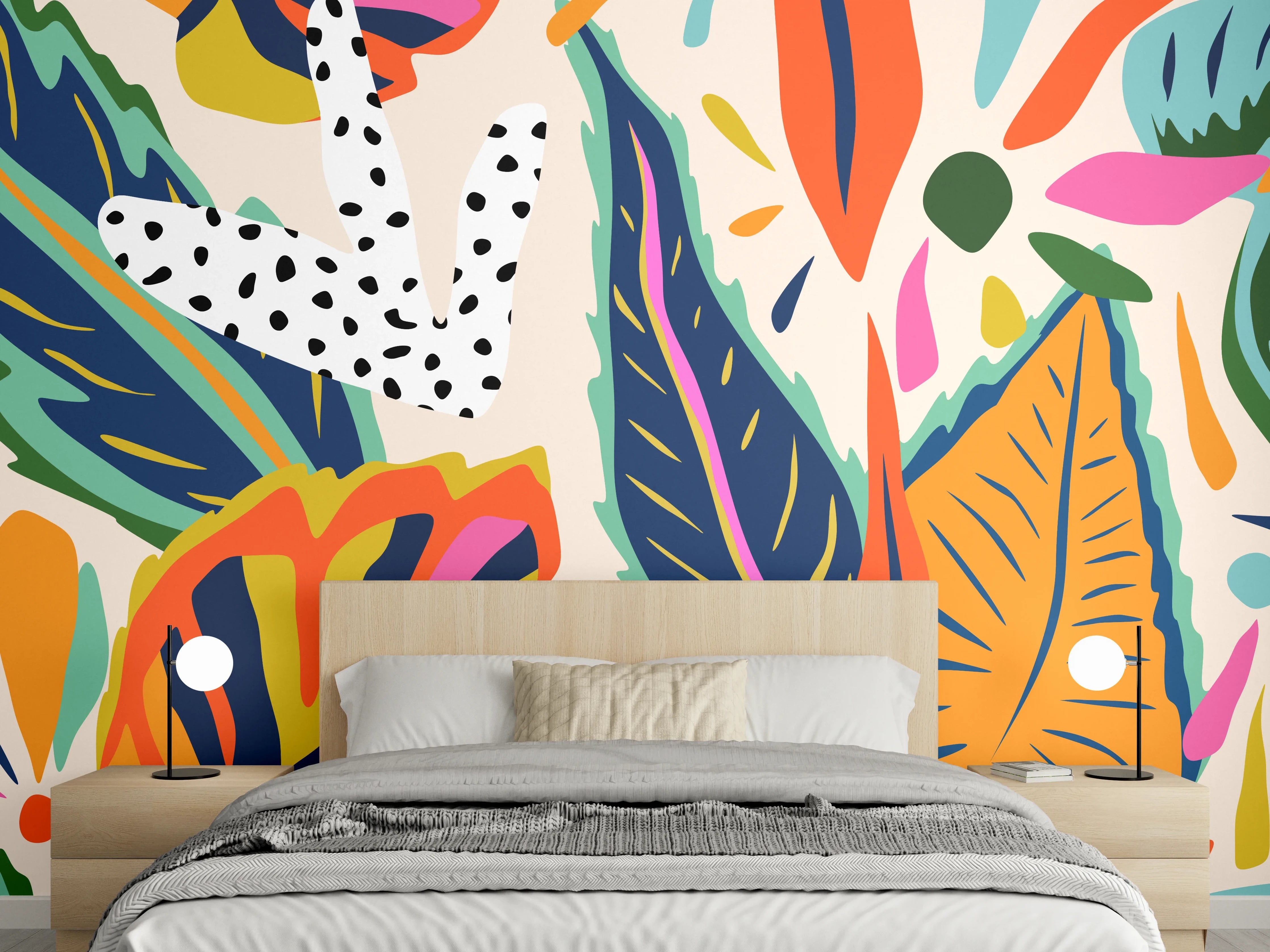 Wandverkleidung Schlafzimmer - Tropisches Blumenmuster Orange-Türkis