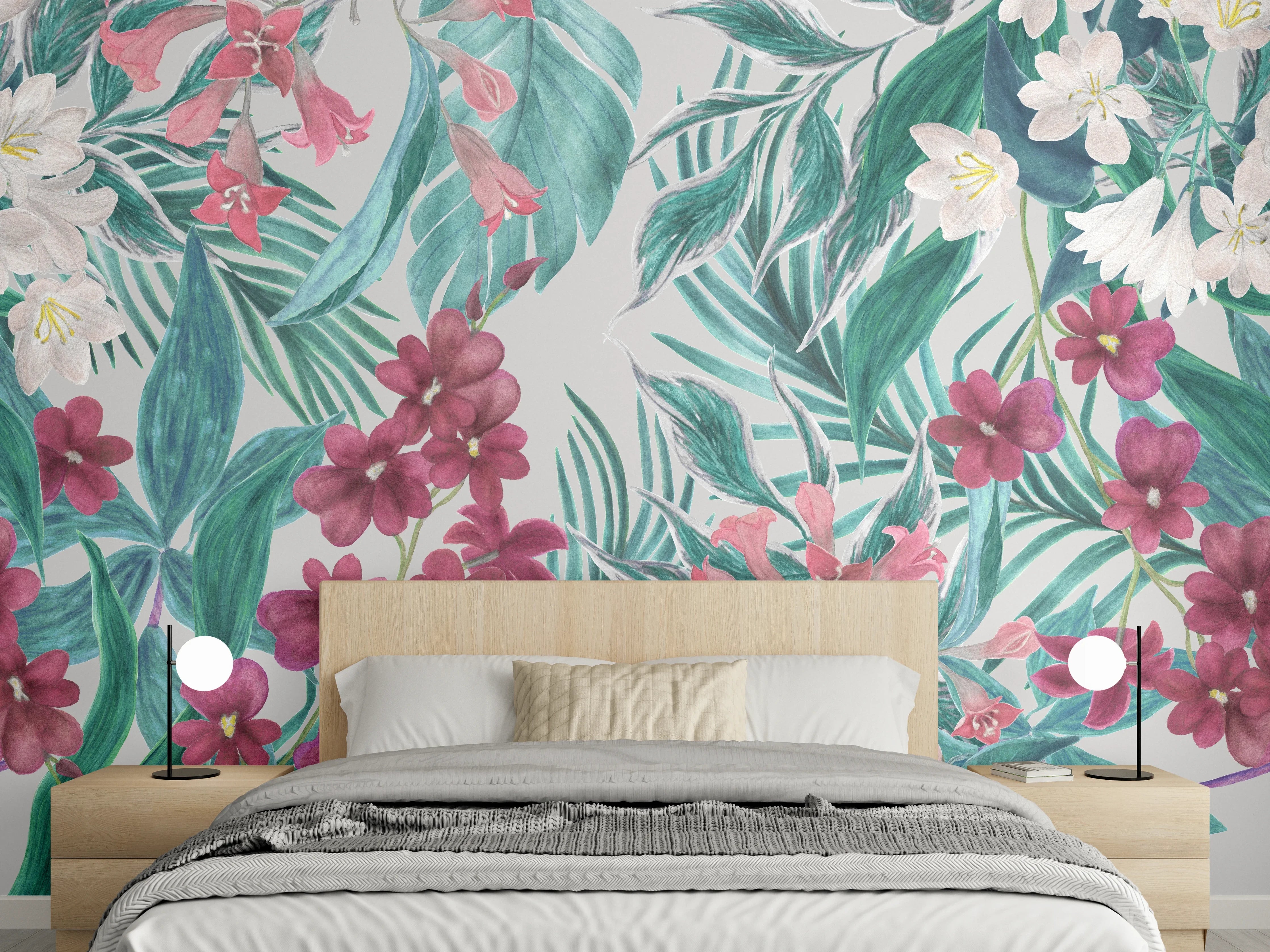 Wandverkleidung Schlafzimmer - Tropisches Blumenmuster Rosa-Grau