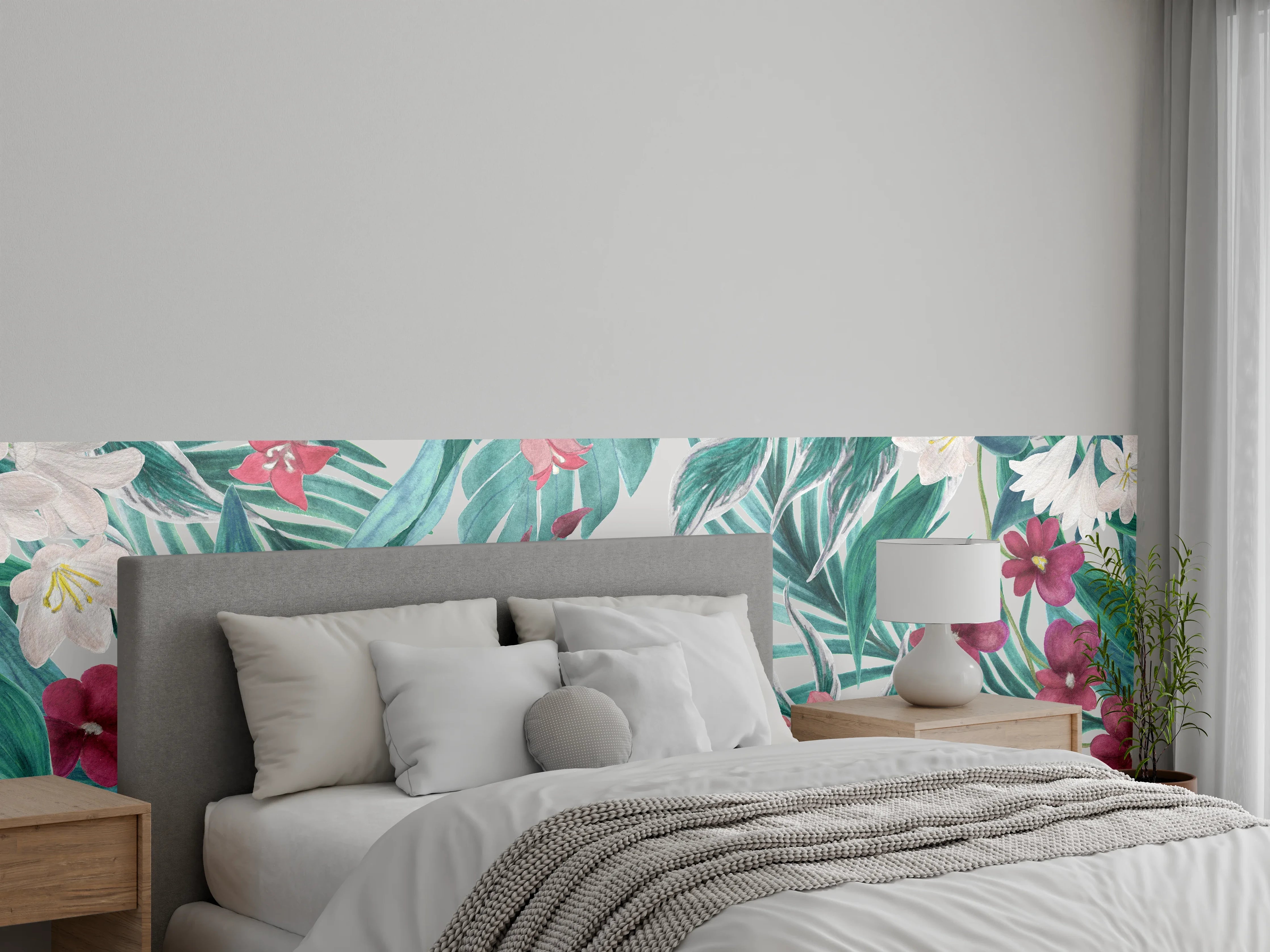 Wandverkleidung Schlafzimmer - Tropisches Blumenmuster Rosa-Grau
