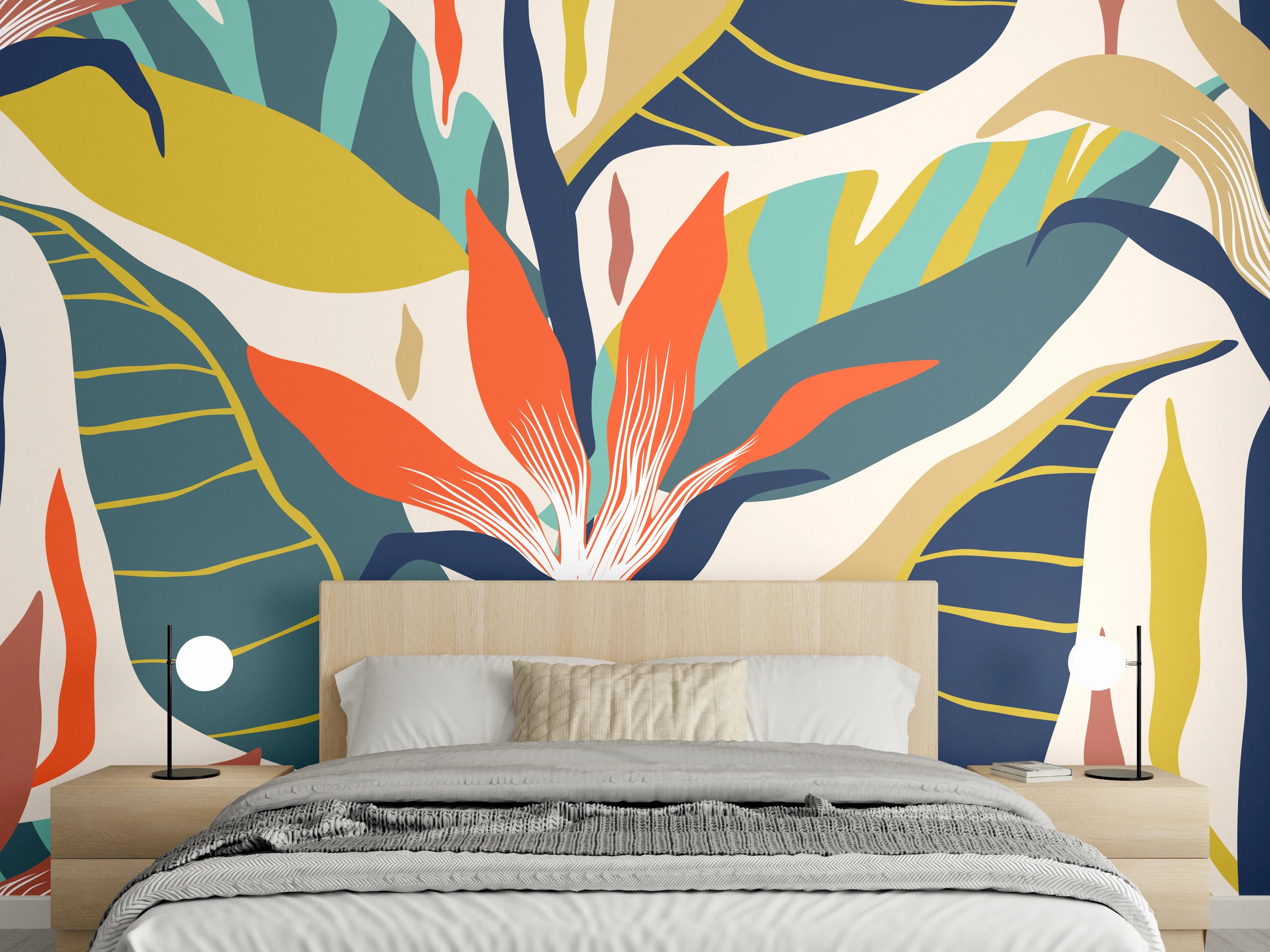 Wandverkleidung Schlafzimmer - Tropisches Botanik-Muster Blau-Gelb