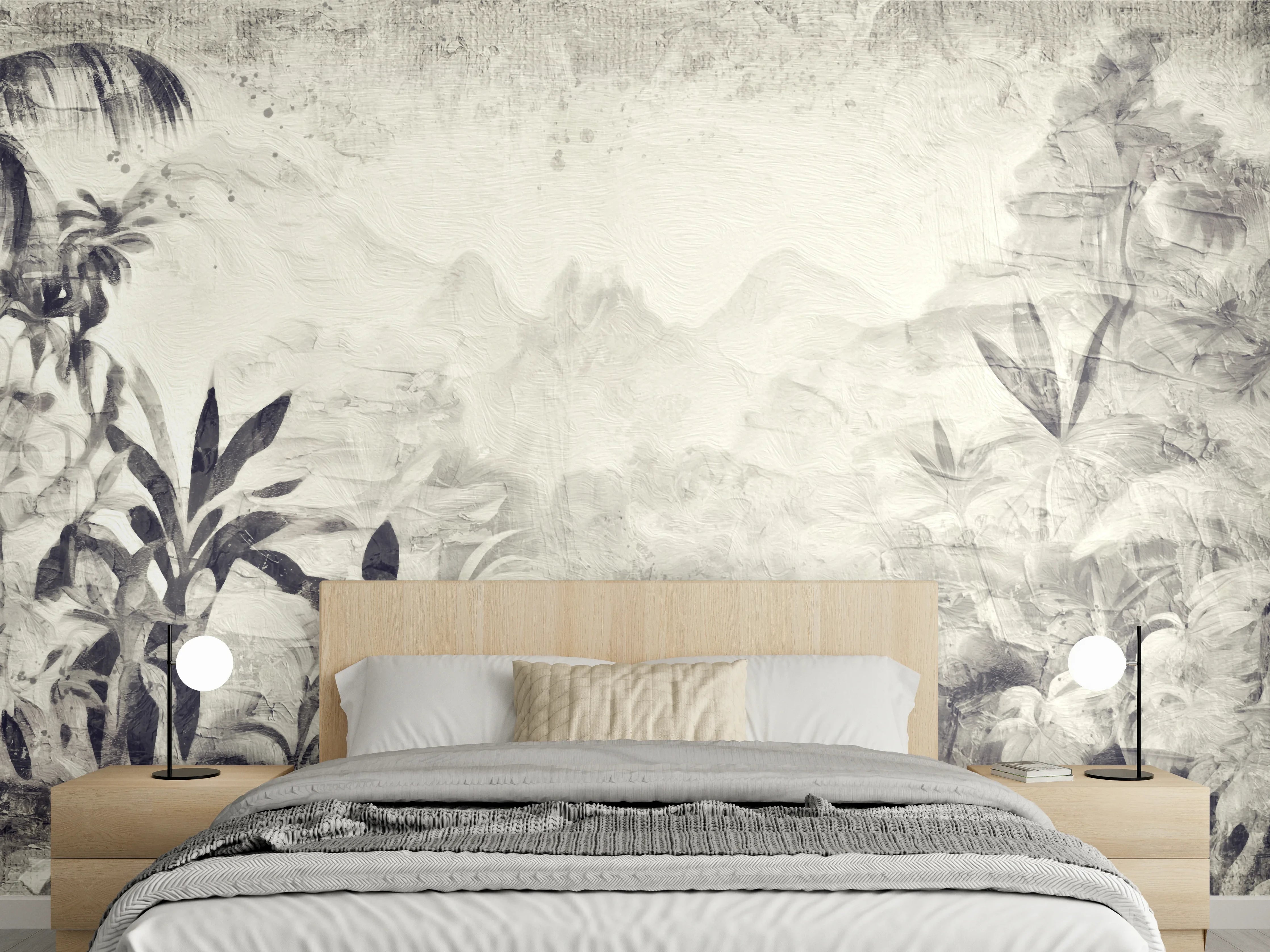 Wandverkleidung Schlafzimmer - Tropisches Dschungelpanorama in Grauweiß