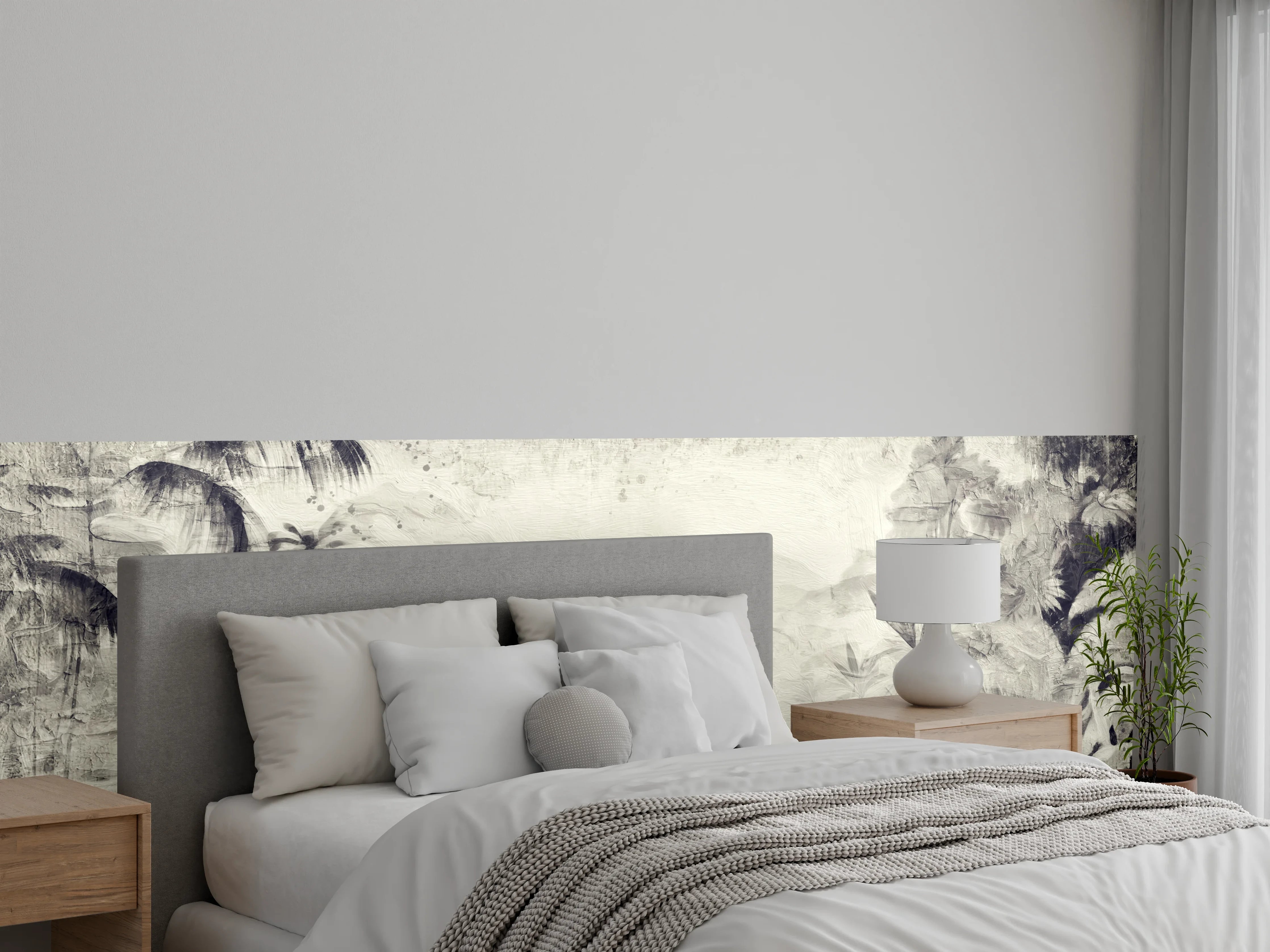 Wandverkleidung Schlafzimmer - Tropisches Dschungelpanorama in Grauweiß