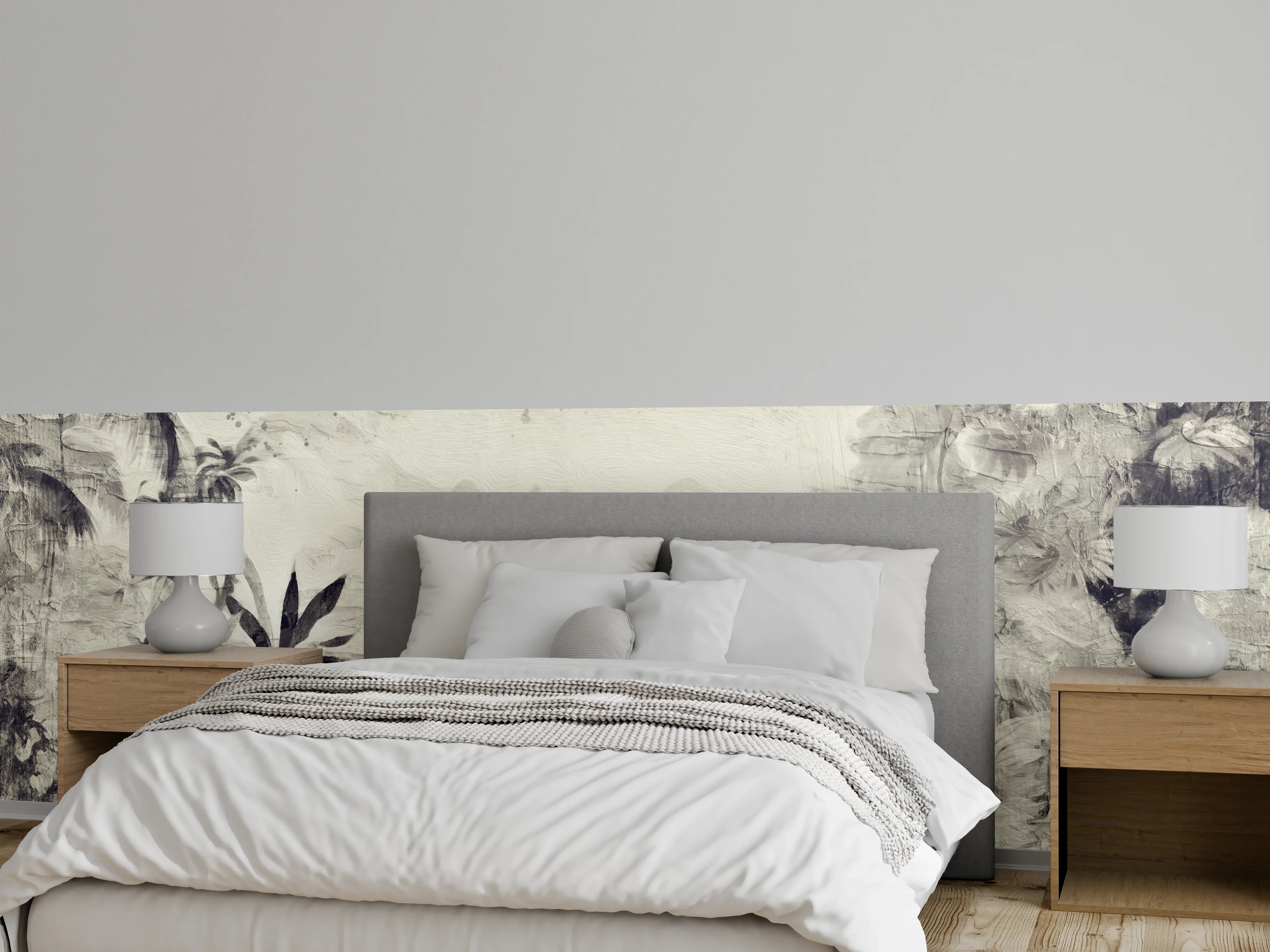 Wandverkleidung Schlafzimmer - Tropisches Dschungelpanorama in Grauweiß