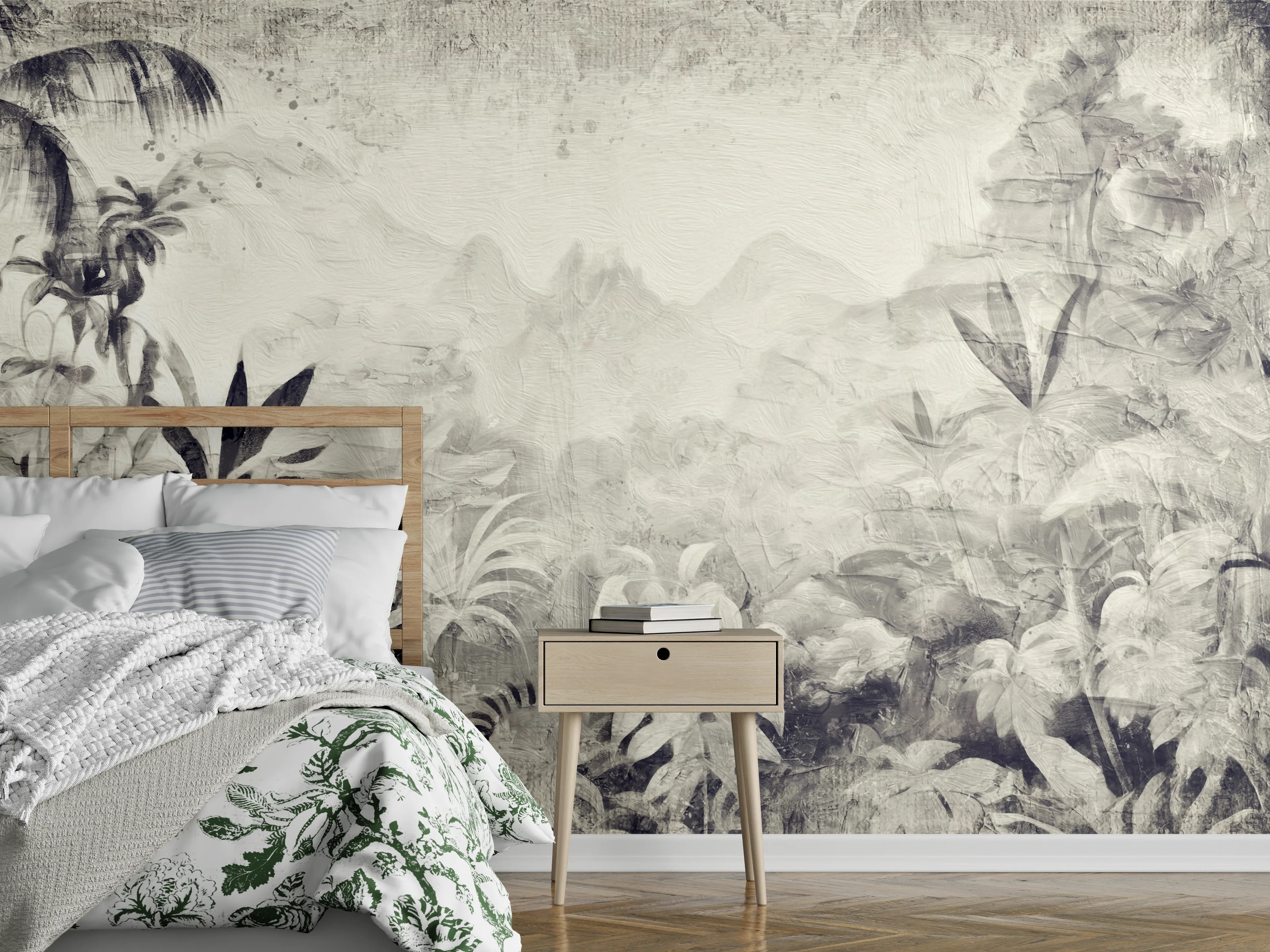 Wandverkleidung Schlafzimmer - Tropisches Dschungelpanorama in Grauweiß