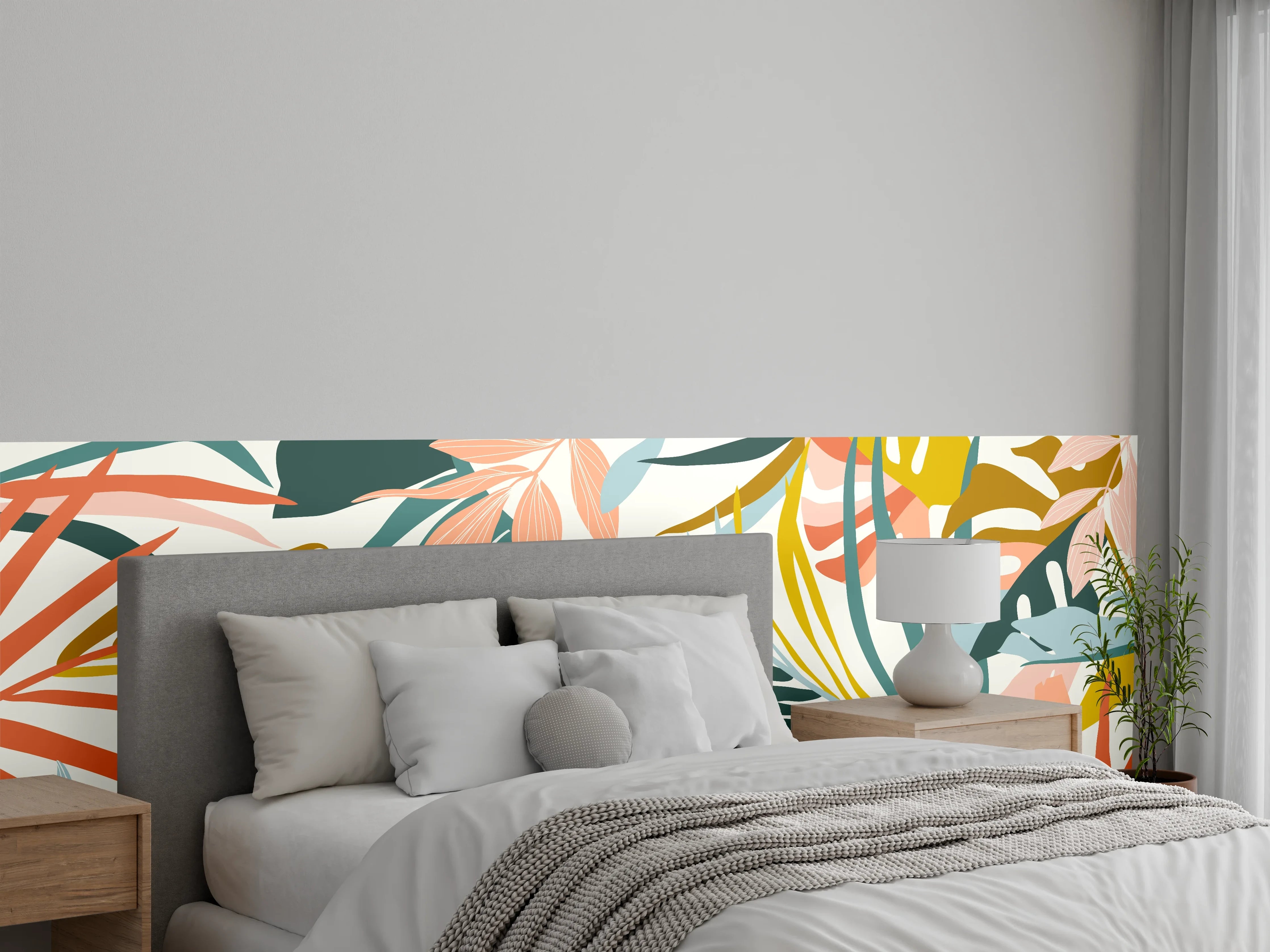 Wandverkleidung Schlafzimmer - Tropisches Pflanzenmuster Pastell