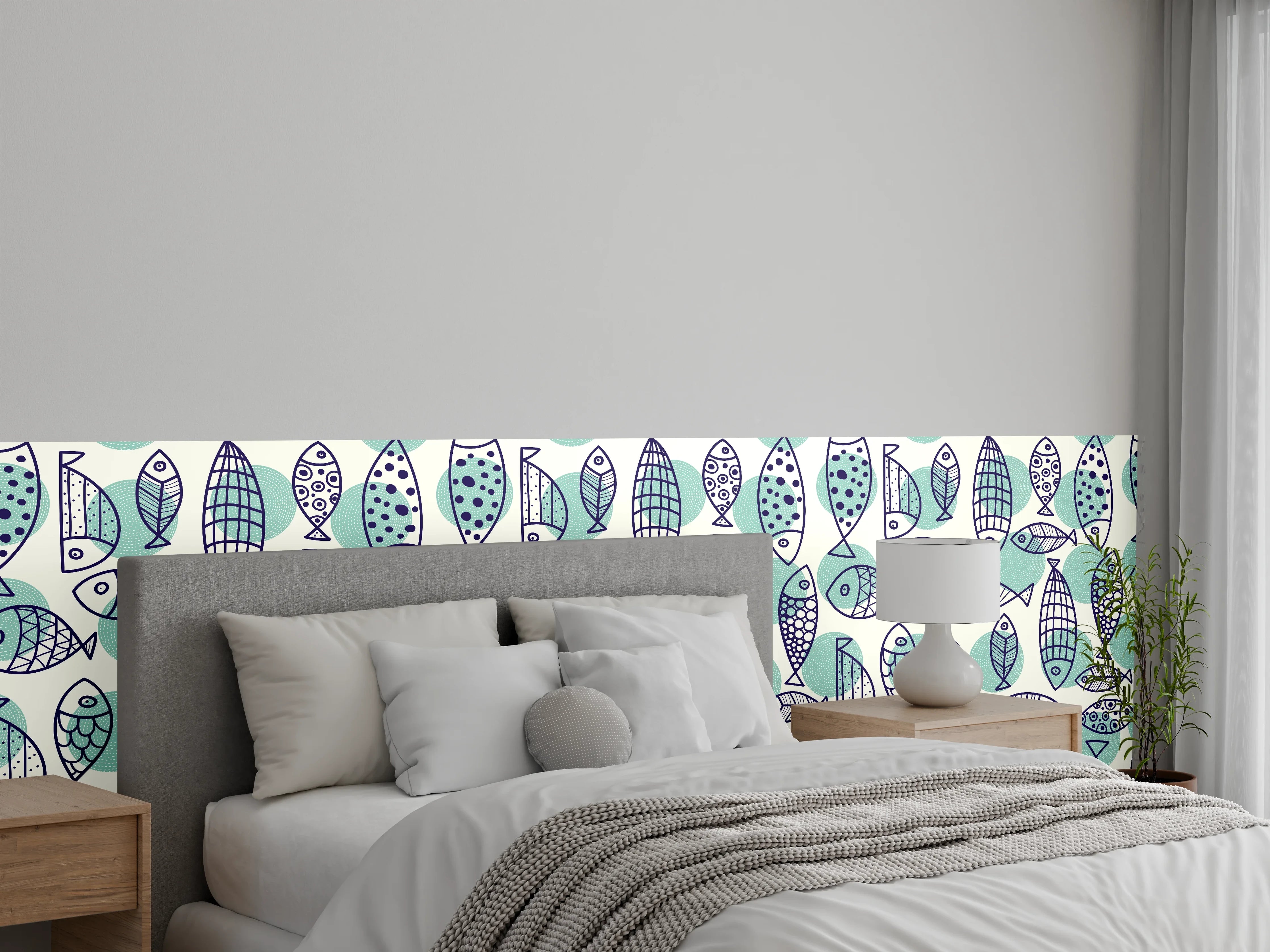 Wandverkleidung Schlafzimmer - Türkis-Blau Fischmuster