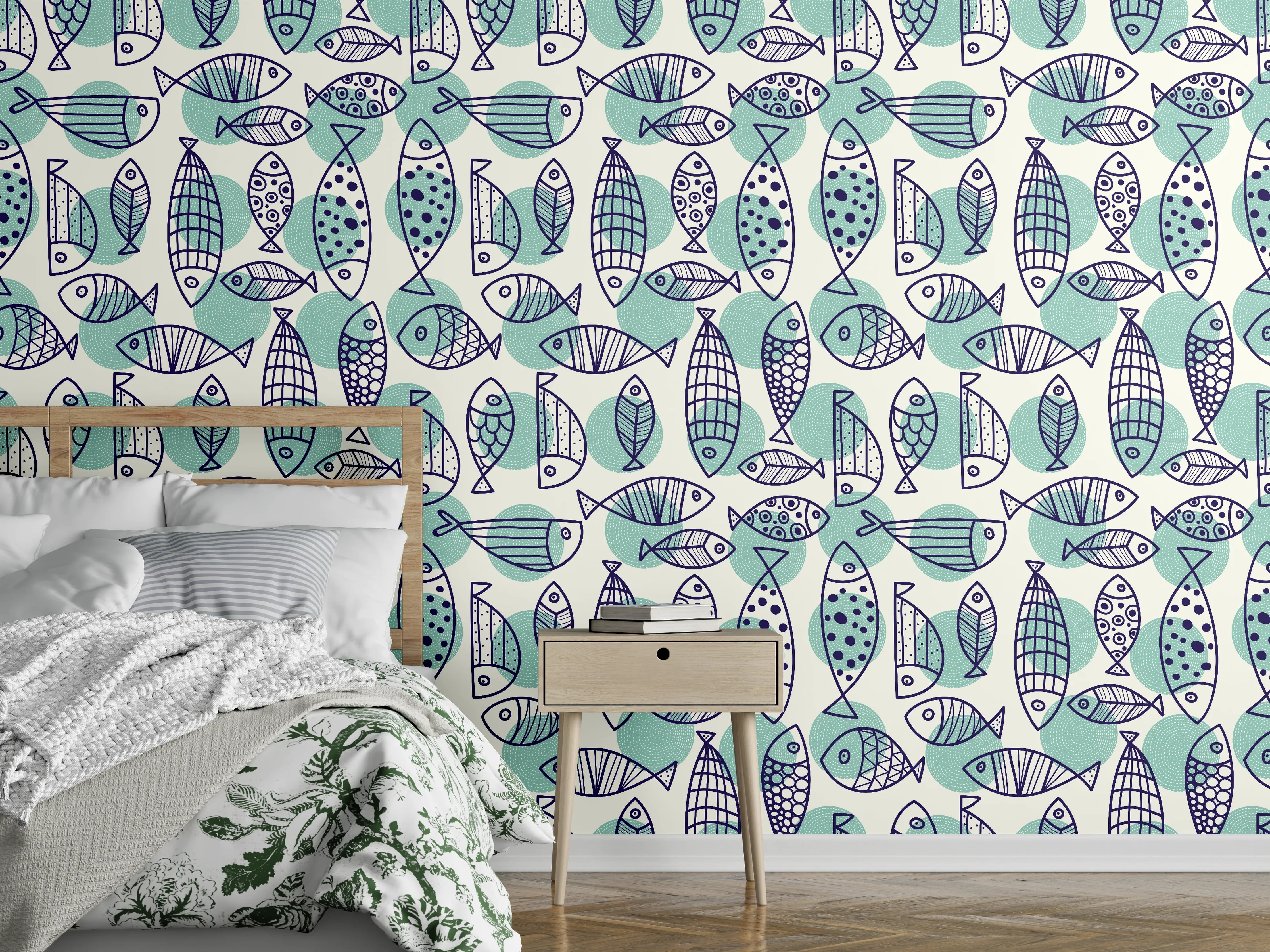 Wandverkleidung Schlafzimmer - Türkis-Blau Fischmuster