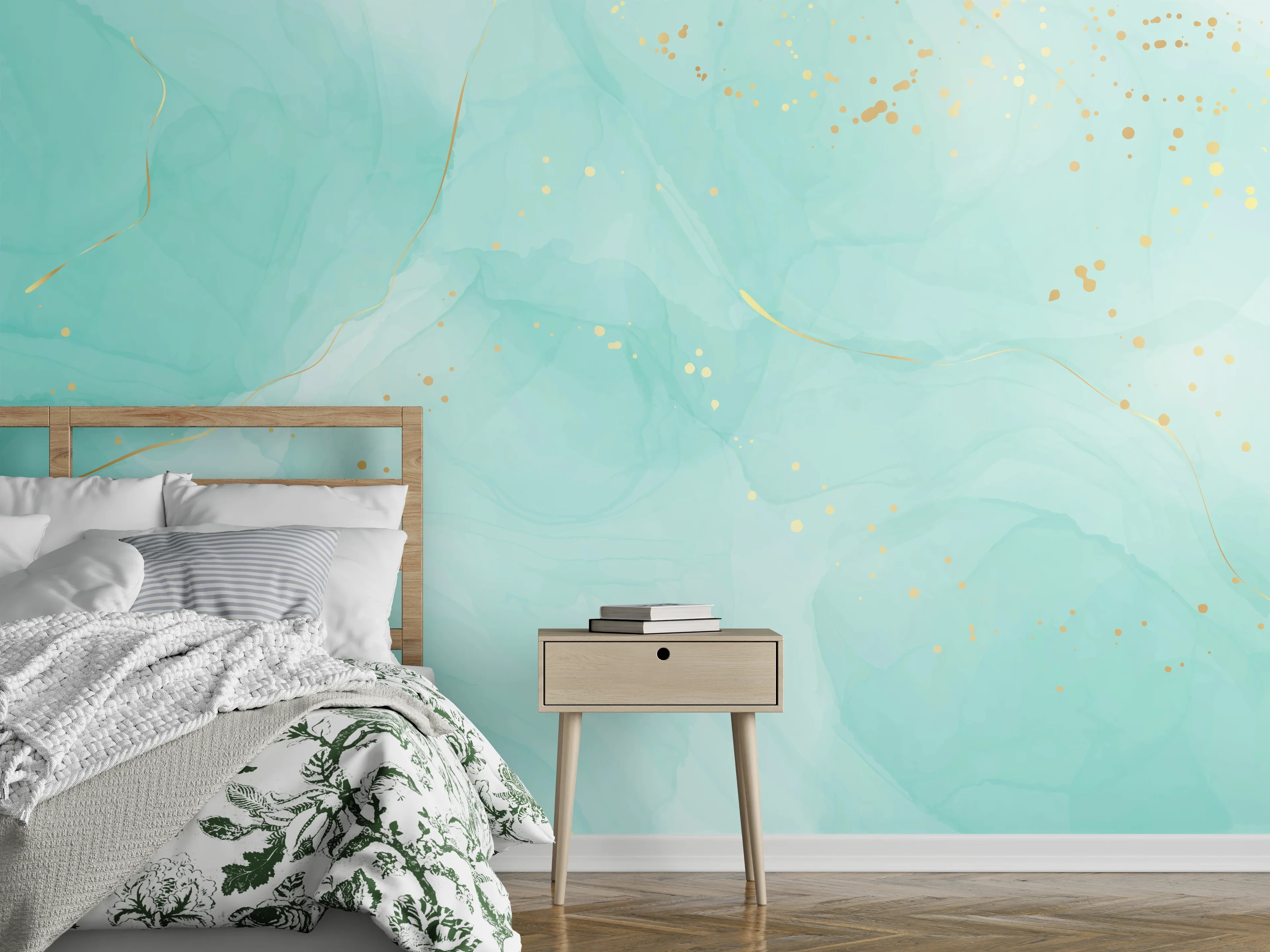 Wandverkleidung Schlafzimmer - Türkis-Goldene Aquarell Textur