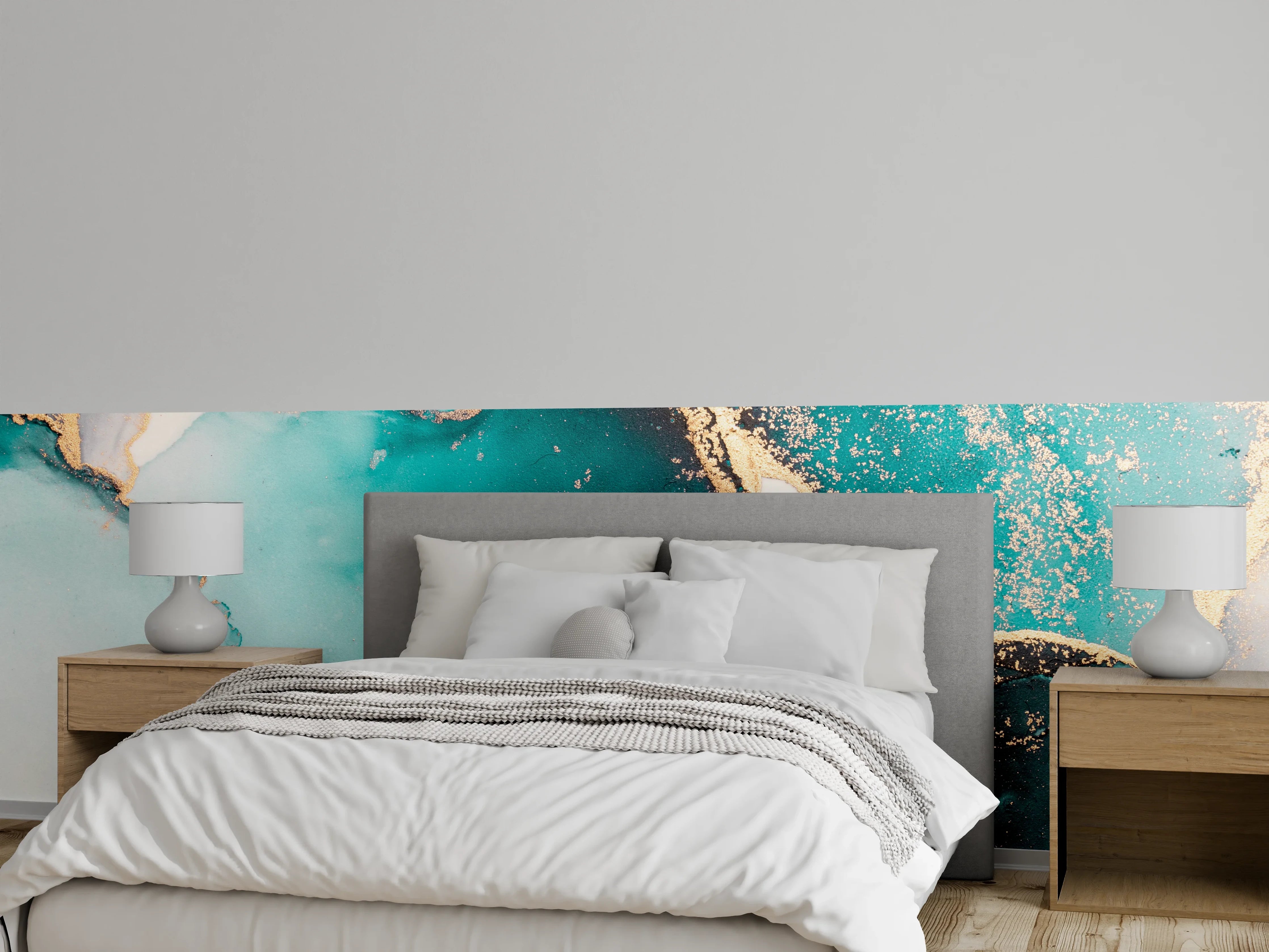 Wandverkleidung Schlafzimmer - Türkis-Goldenes Aquarell-Abstraktmotiv