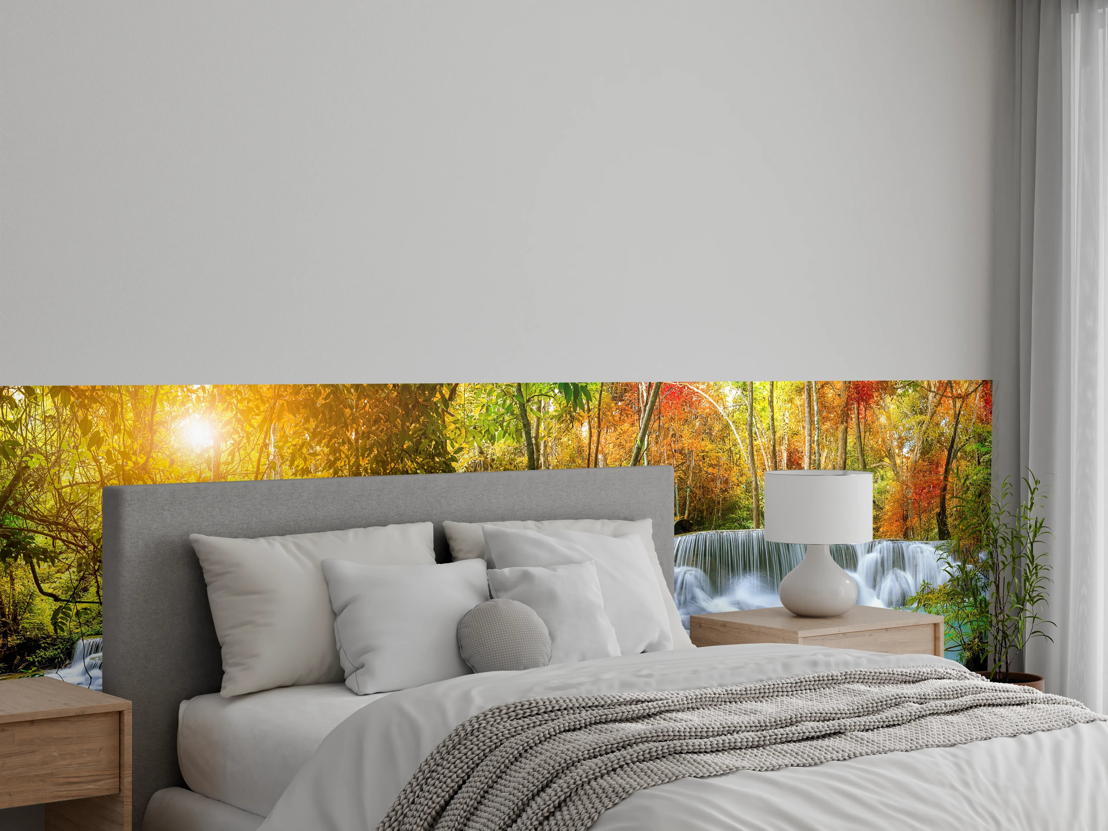 Wandverkleidung Schlafzimmer - Türkis-Grüner Wasserfall im Herbst
