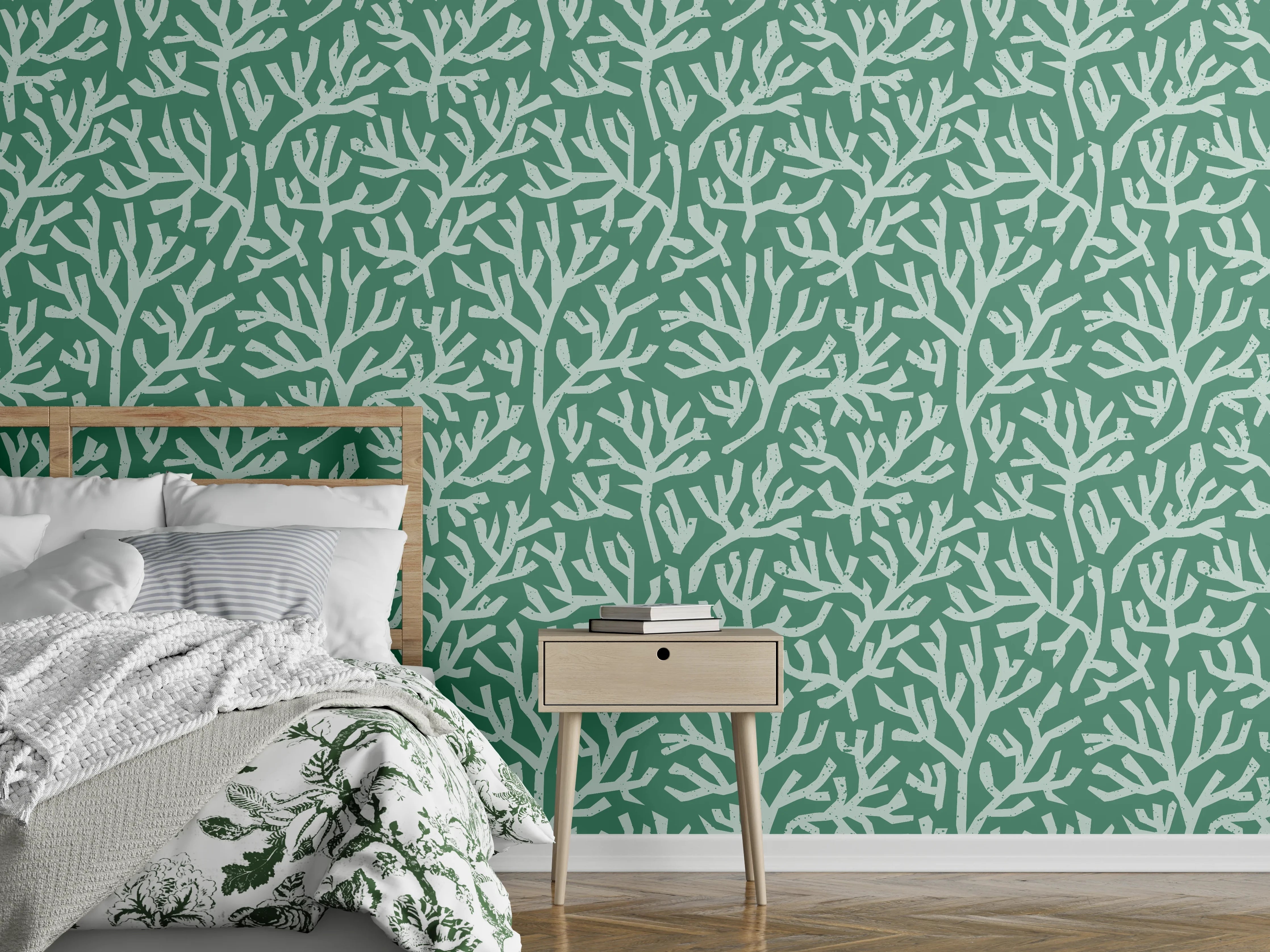 Wandverkleidung Schlafzimmer - Türkis Korallen Minimal-Muster