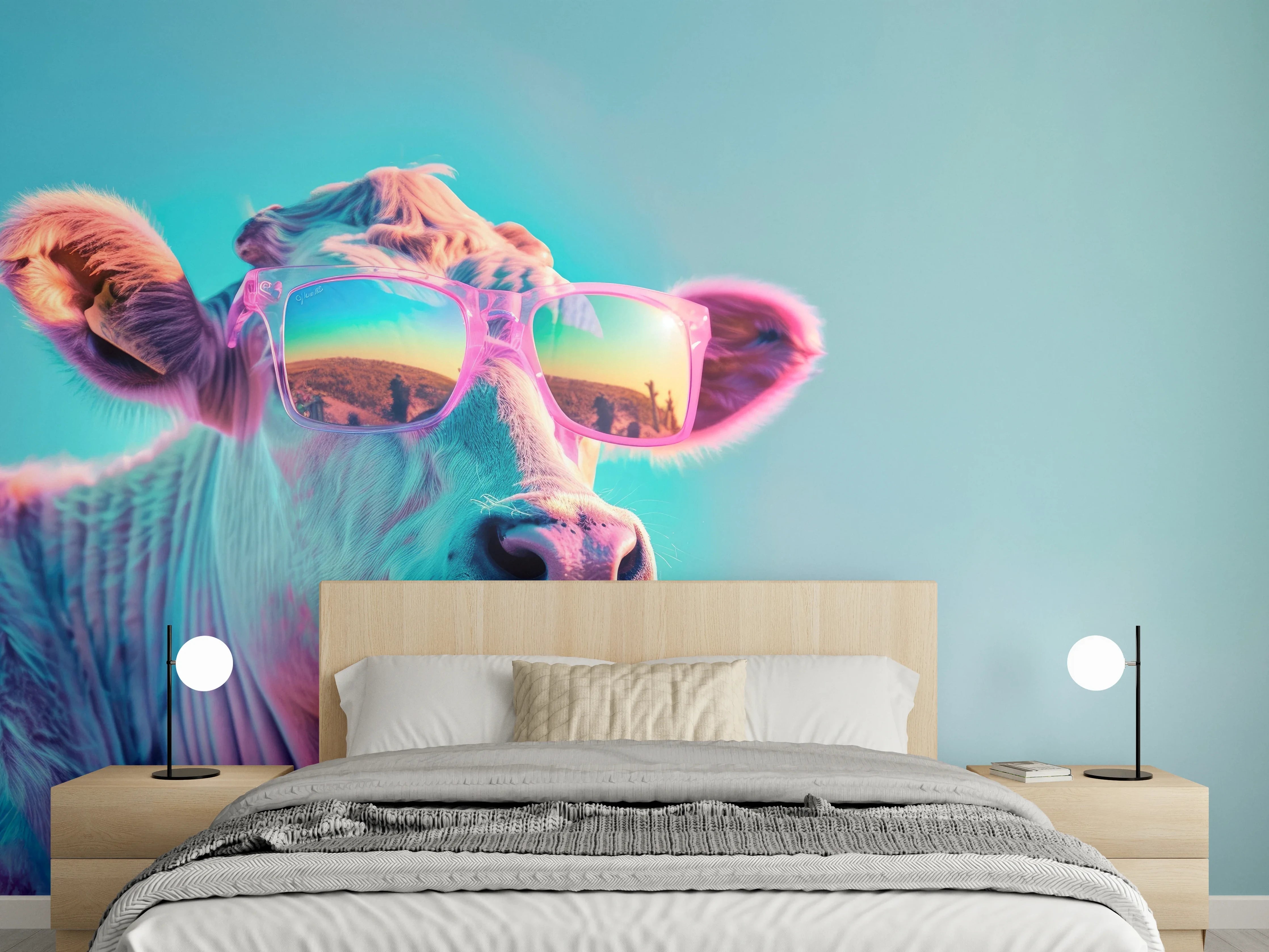 Wandverkleidung Schlafzimmer - Türkis-Pastell-Kuh mit Sonnenbrille