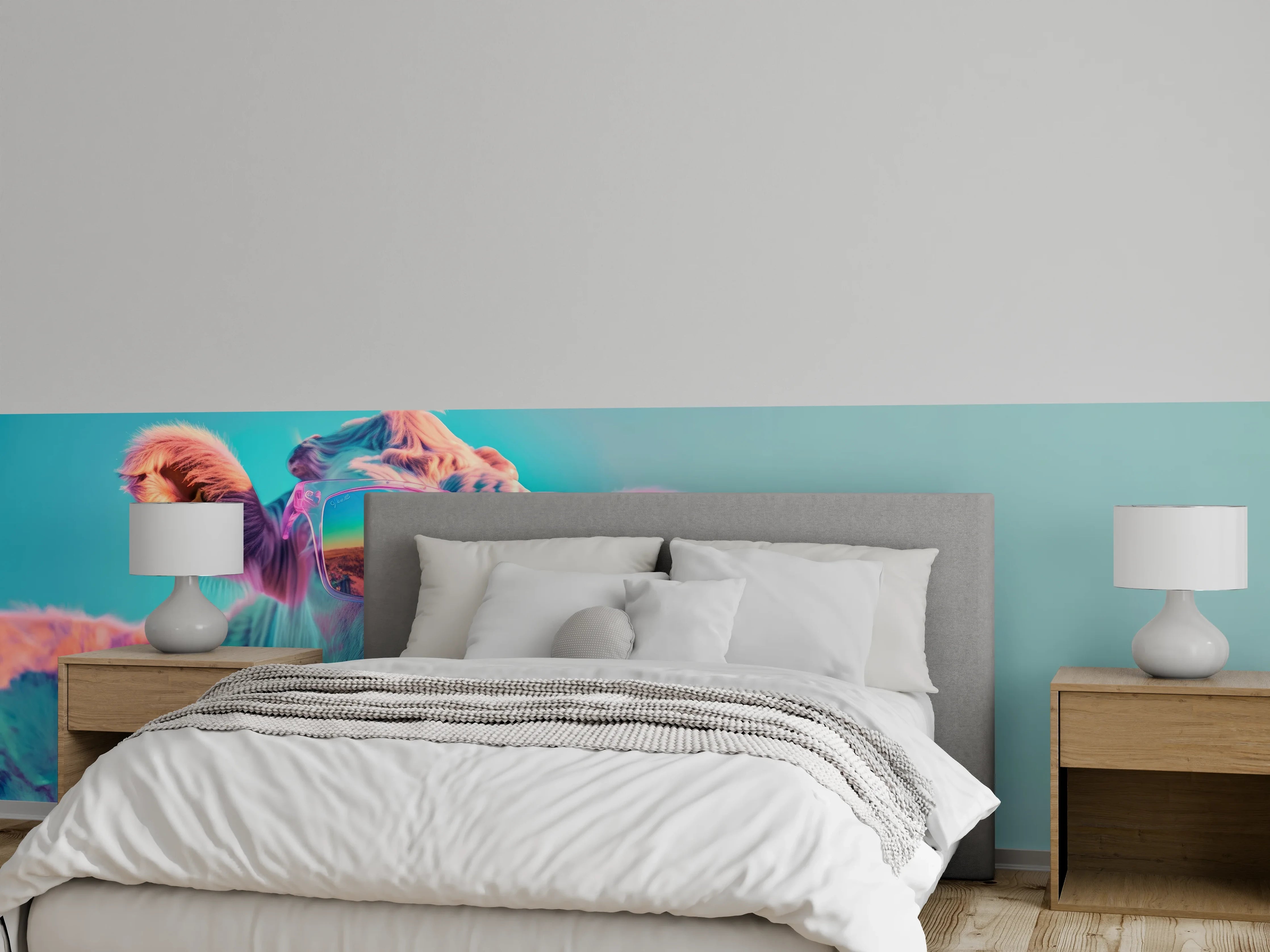 Wandverkleidung Schlafzimmer - Türkis-Pastell-Kuh mit Sonnenbrille