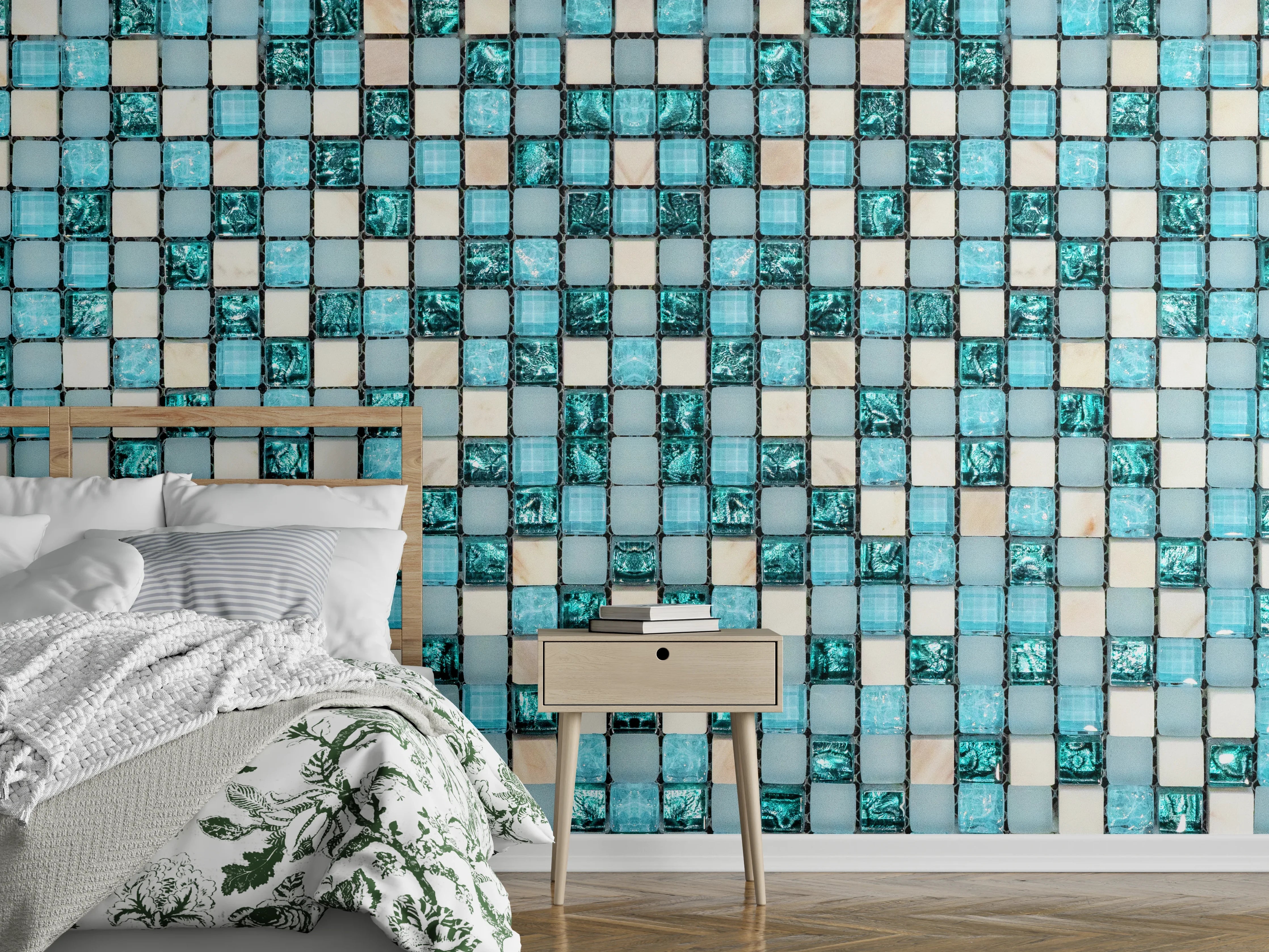 Wandverkleidung Schlafzimmer - Türkis-Weißes Aquamarin Mosaik