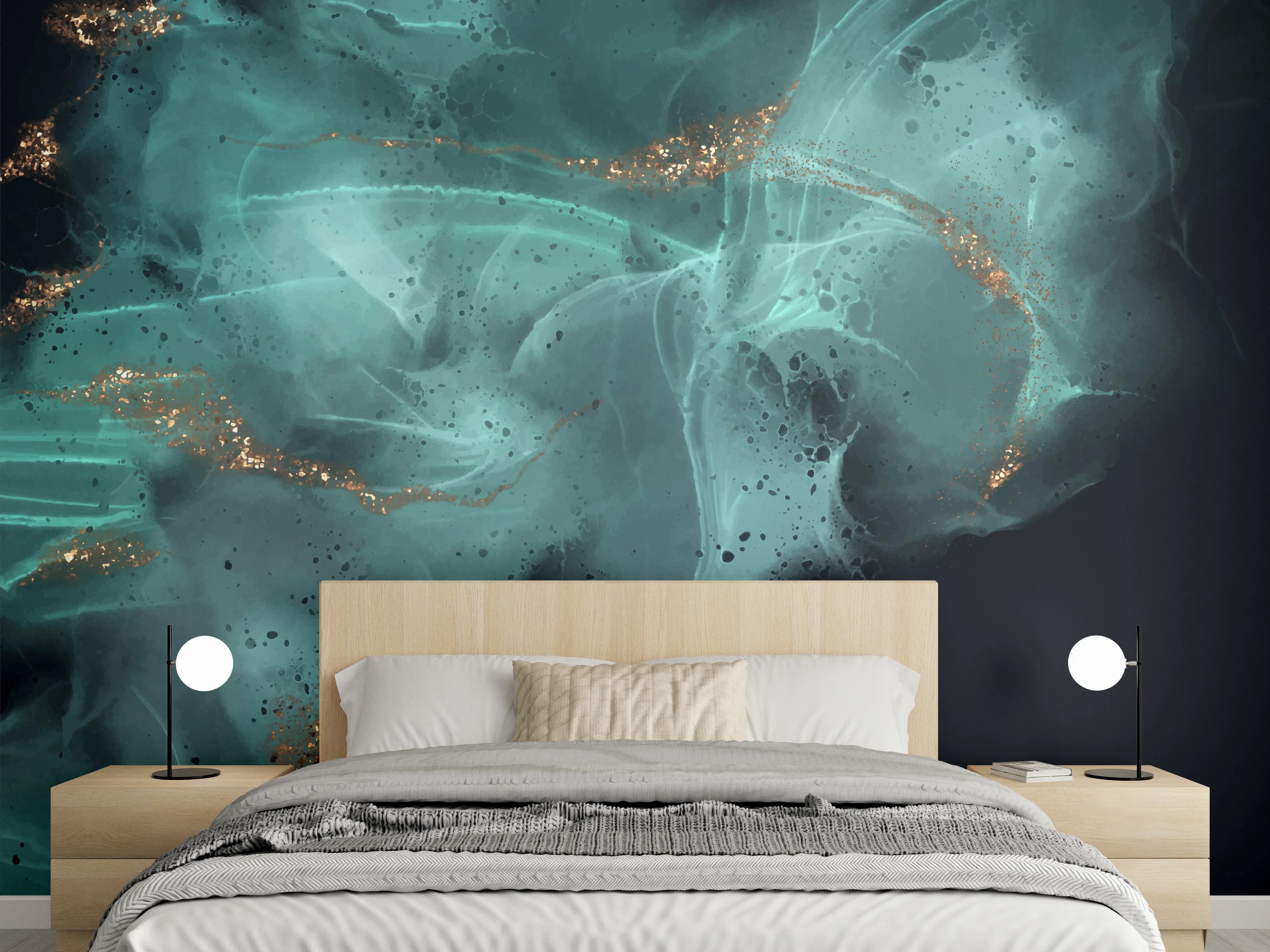 Wandverkleidung Schlafzimmer - Türkis-goldene Abstraktion Wanddeko
