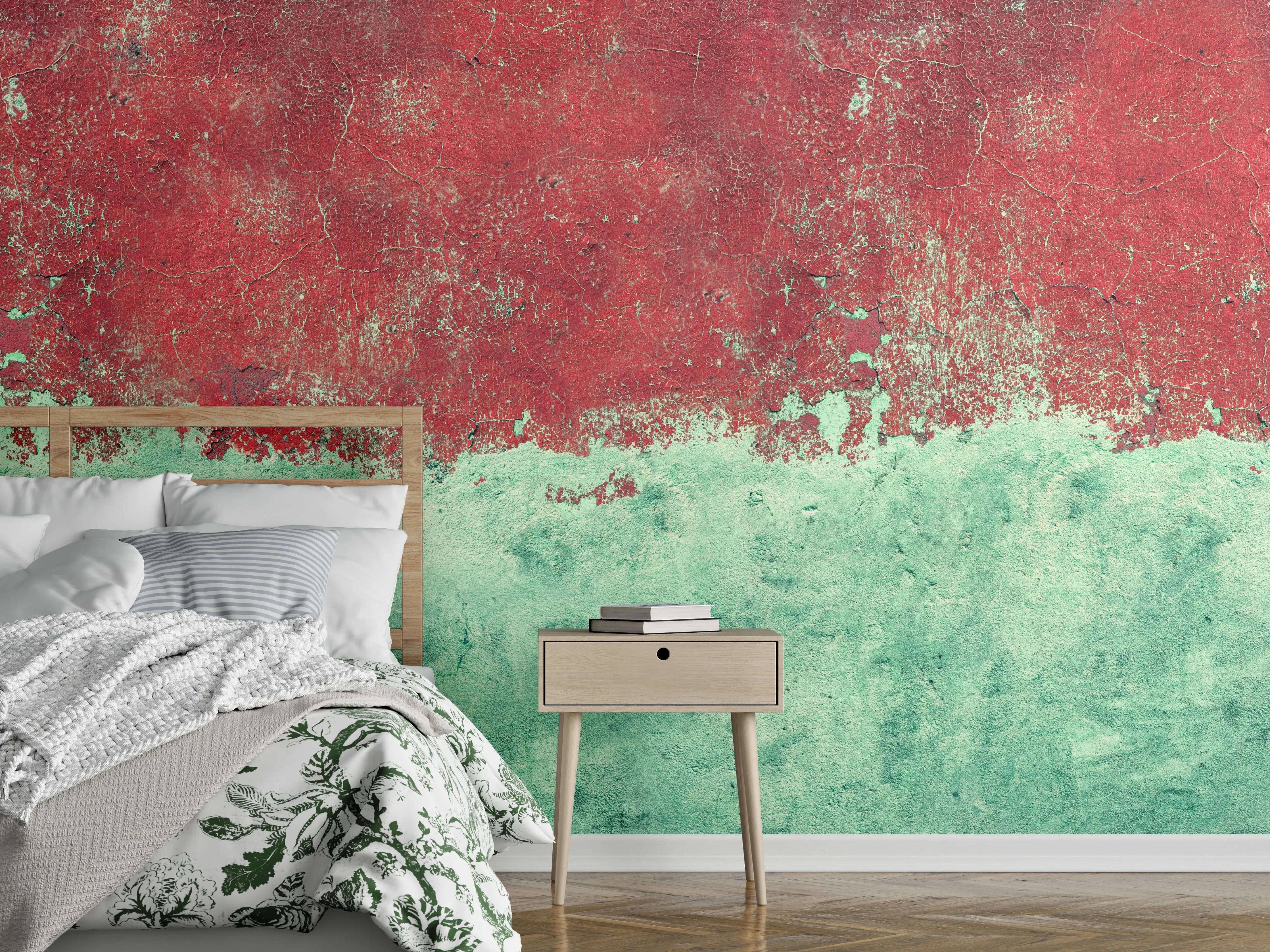 Wandverkleidung Schlafzimmer - Türkis-rote Wand im Grunge-Stil