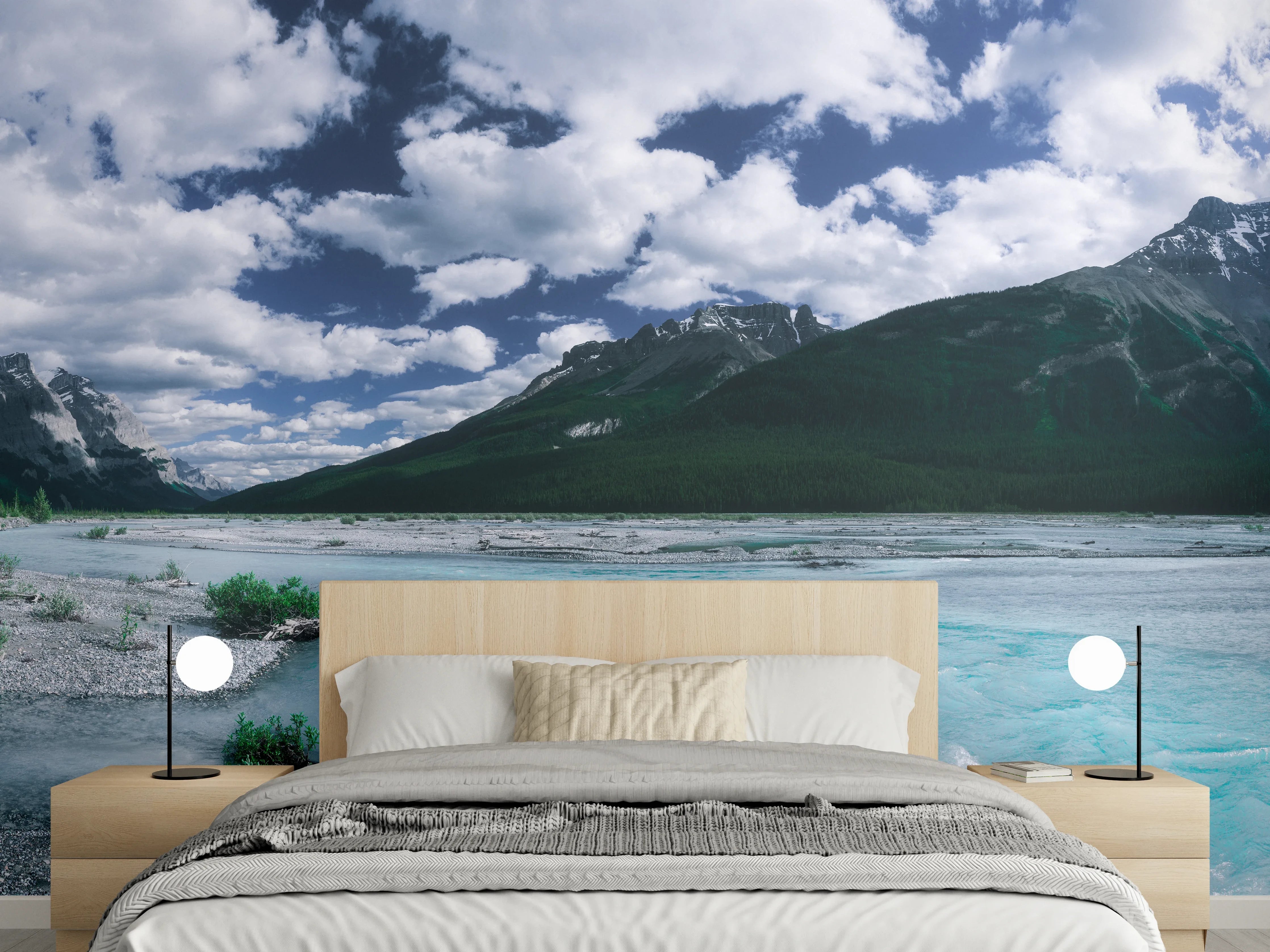 Wandverkleidung Schlafzimmer - Türkisblauer Gletscherfluss Panorama Berglandschaft