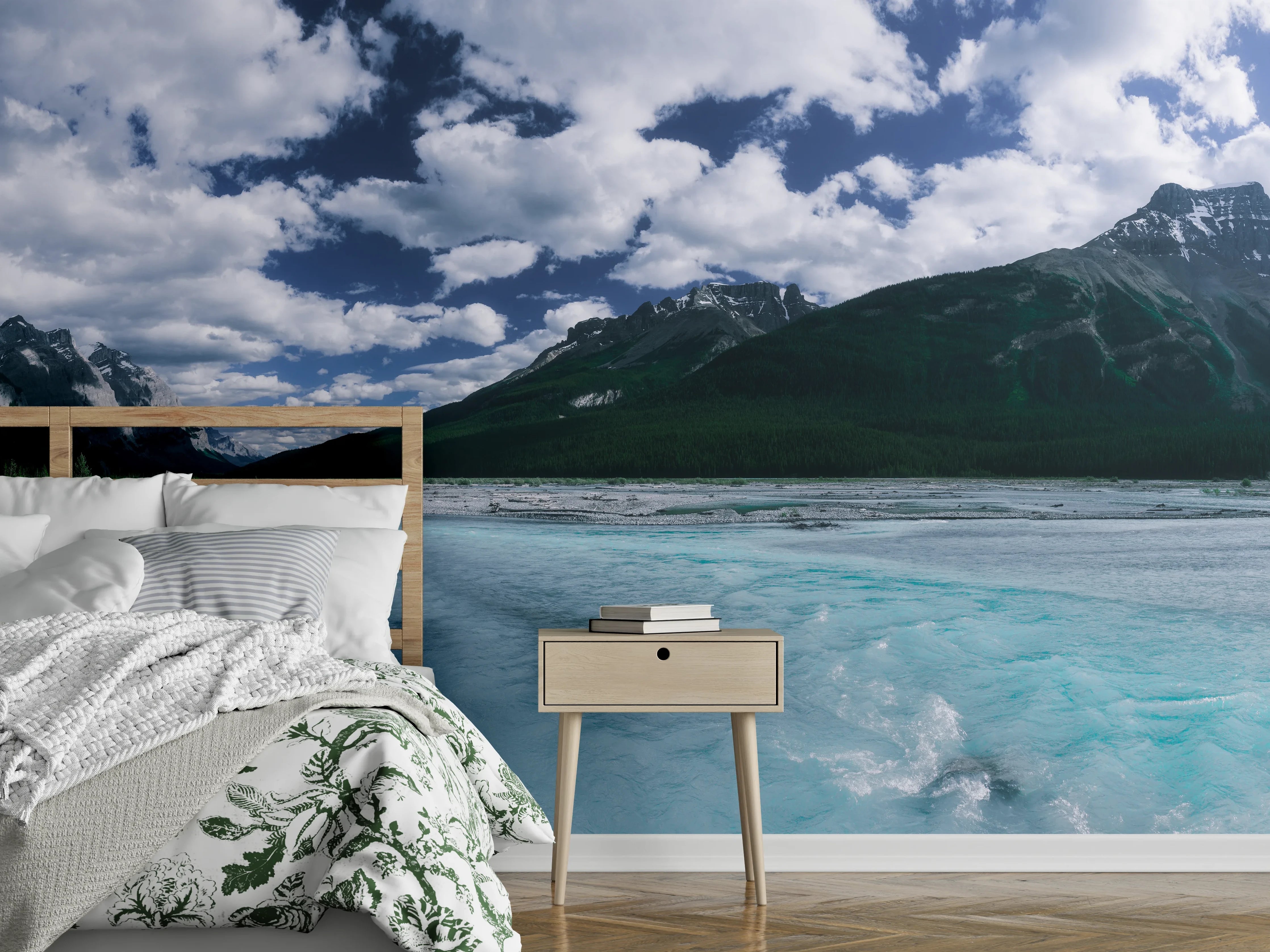 Wandverkleidung Schlafzimmer - Türkisblauer Gletscherfluss Panorama Berglandschaft
