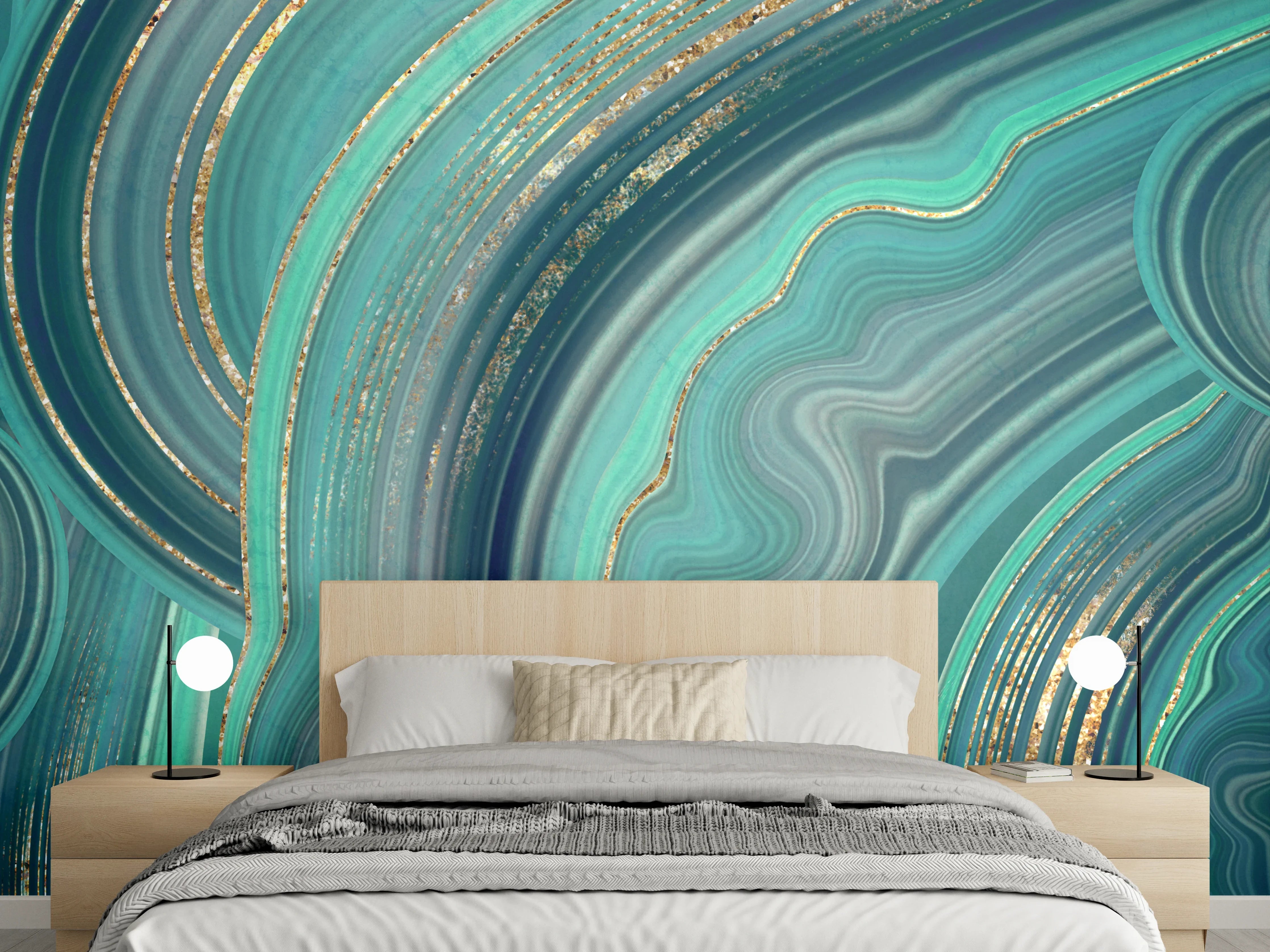 Wandverkleidung Schlafzimmer - Türkise Abstraktmuster mit Goldakzent