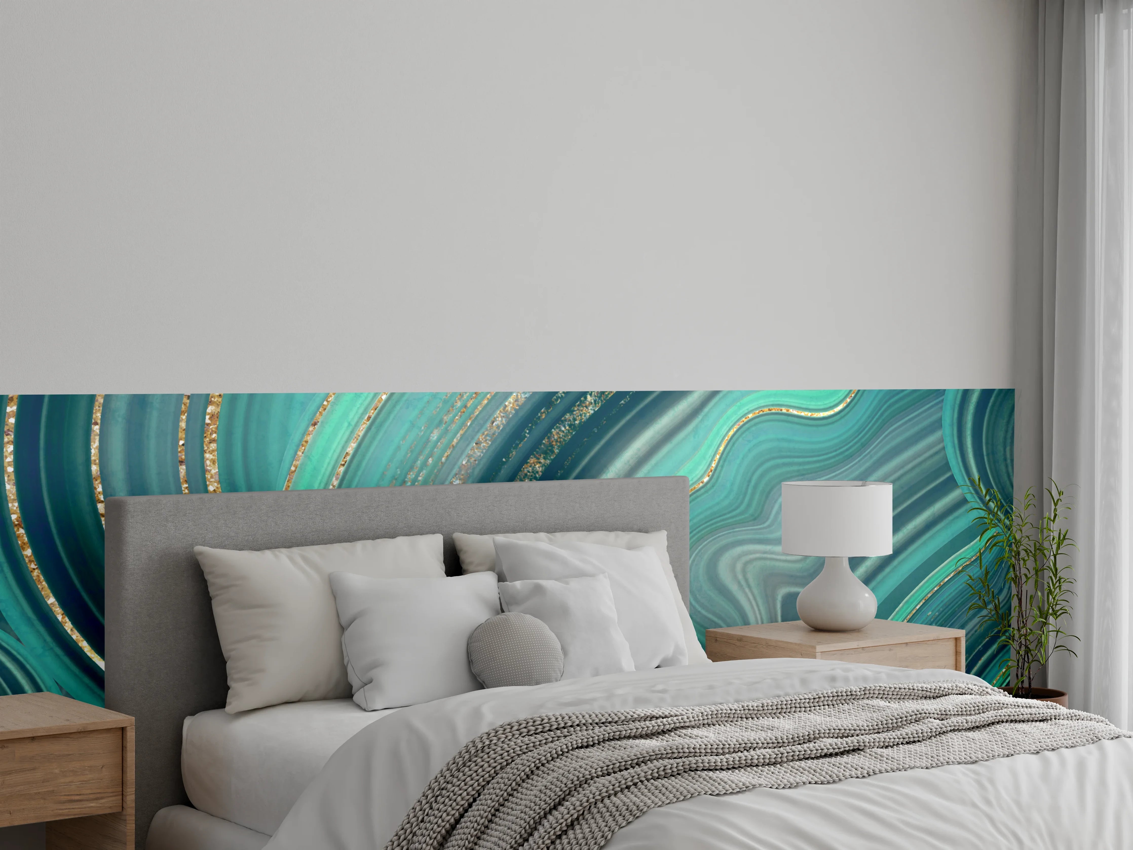 Wandverkleidung Schlafzimmer - Türkise Abstraktmuster mit Goldakzent