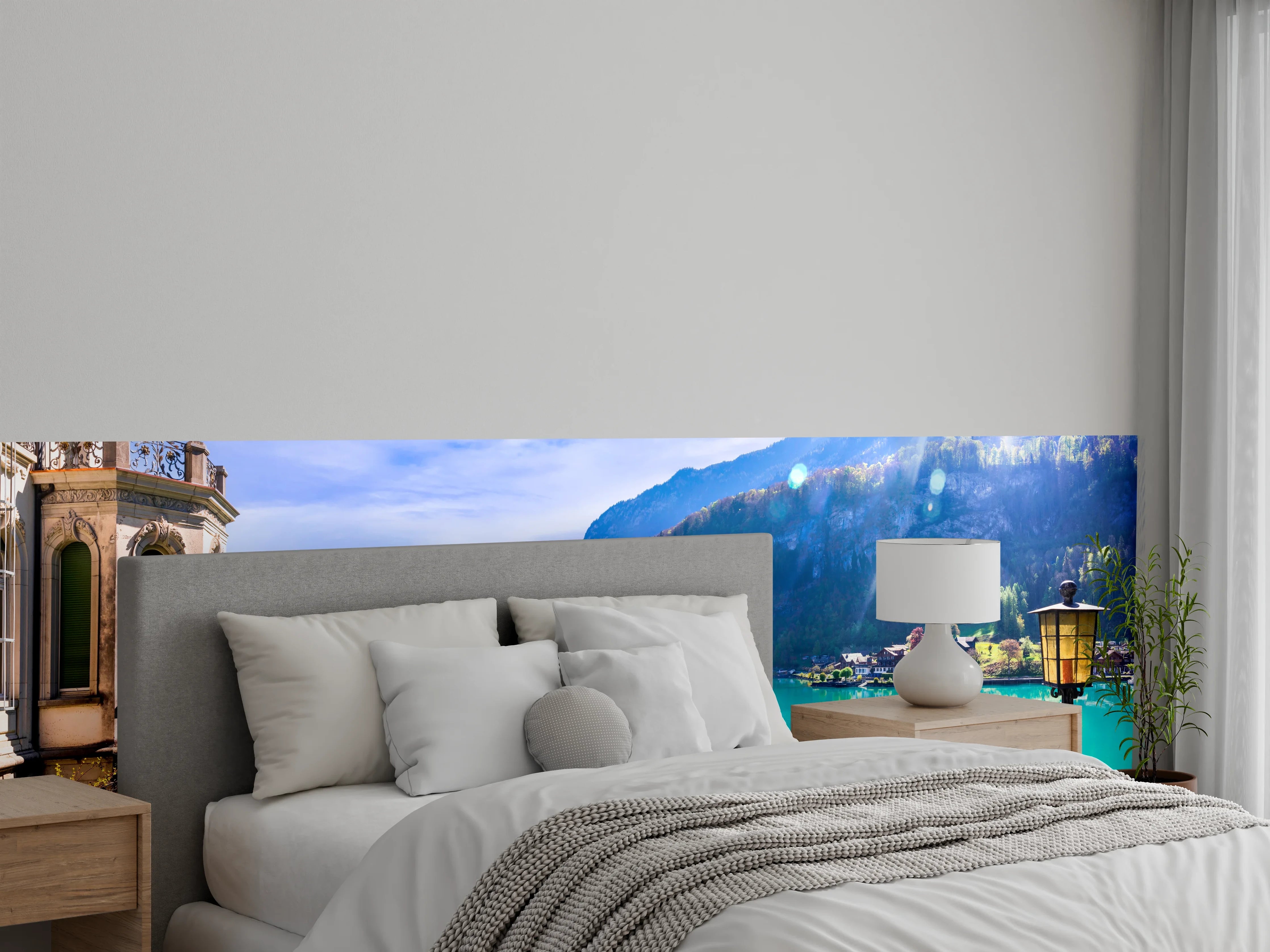 Wandverkleidung Schlafzimmer - Türkiser Bergsee mit Alpenpanorama
