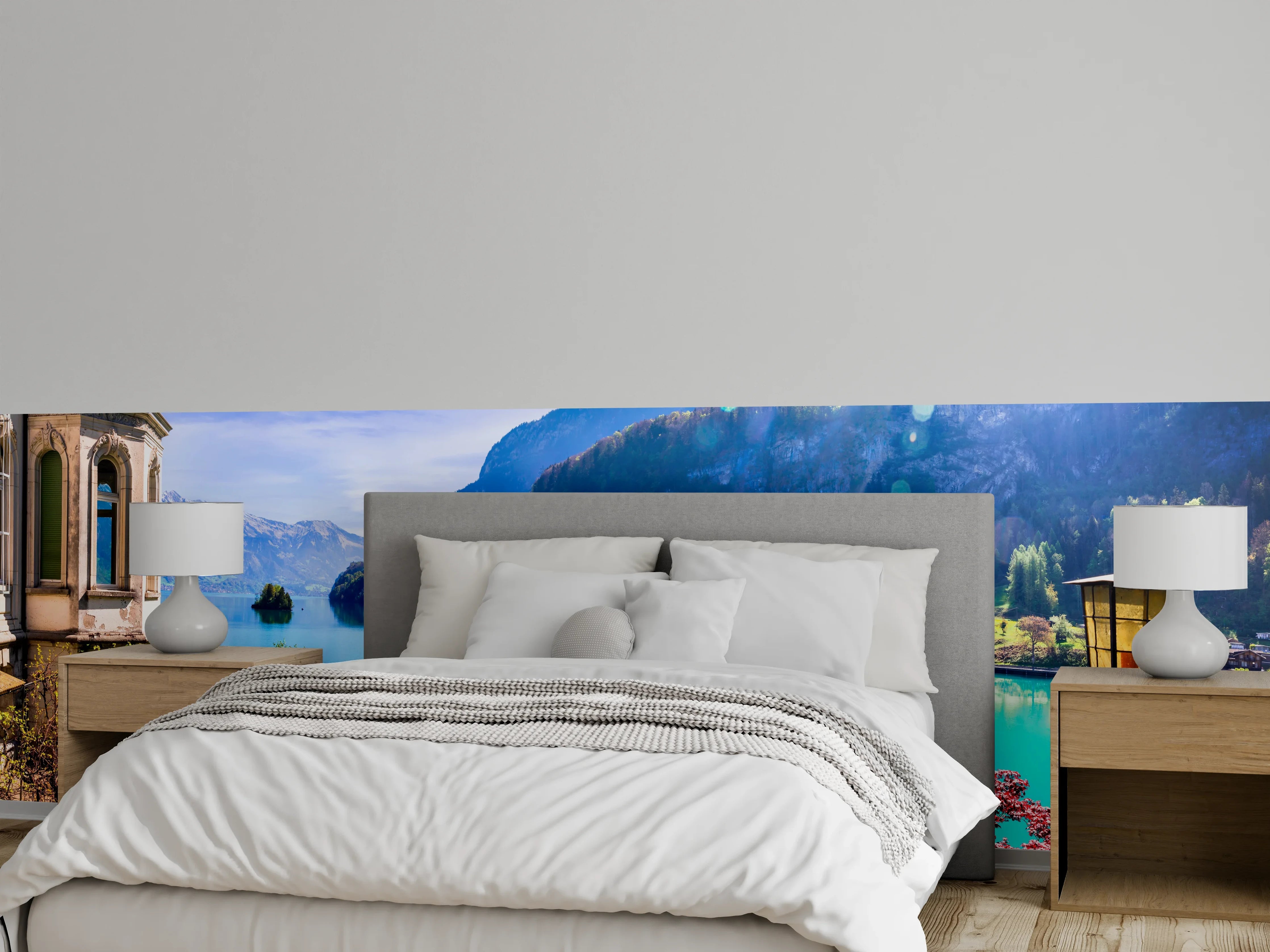 Wandverkleidung Schlafzimmer - Türkiser Bergsee mit Alpenpanorama