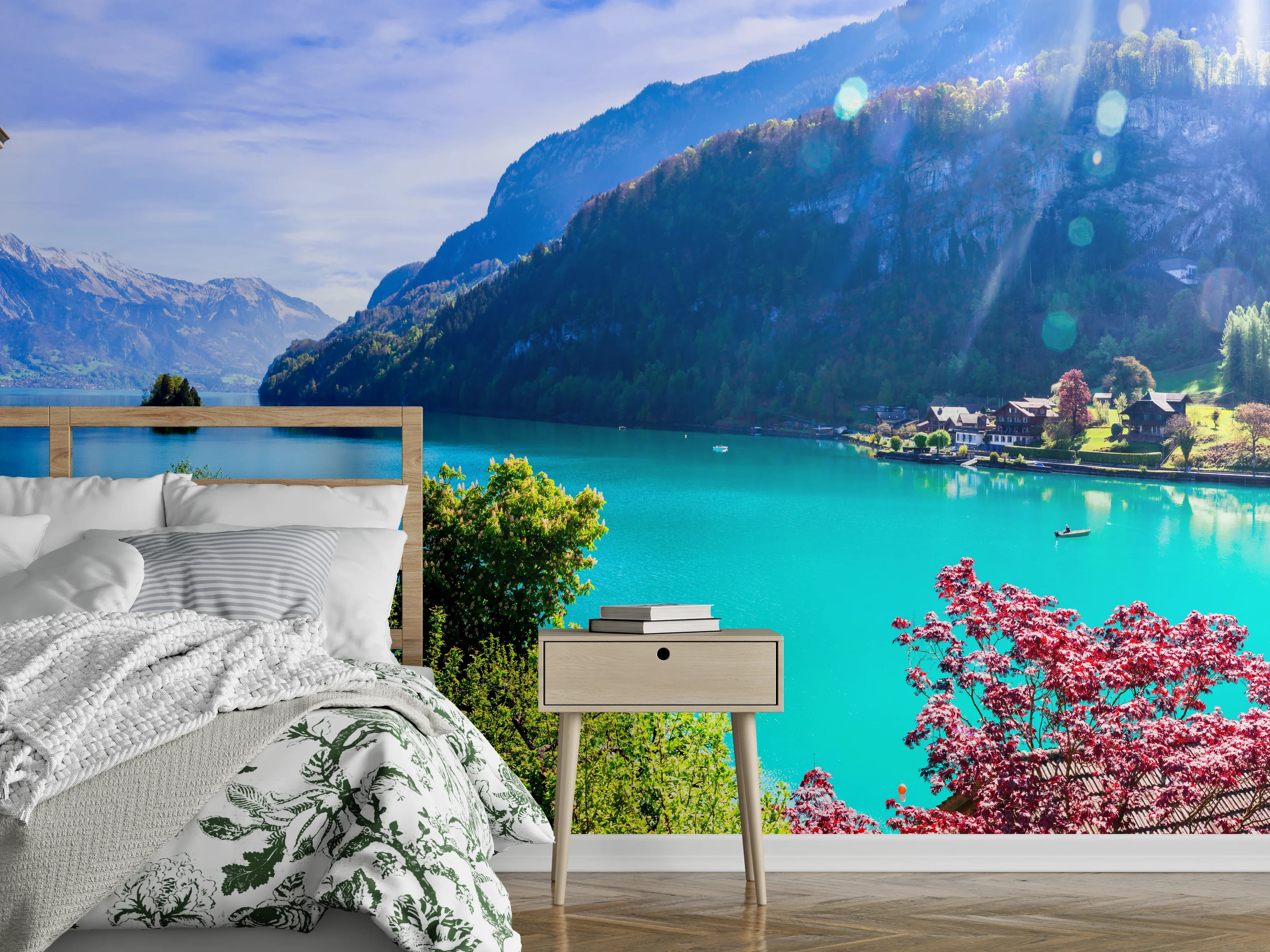 Wandverkleidung Schlafzimmer - Türkiser Bergsee mit Alpenpanorama