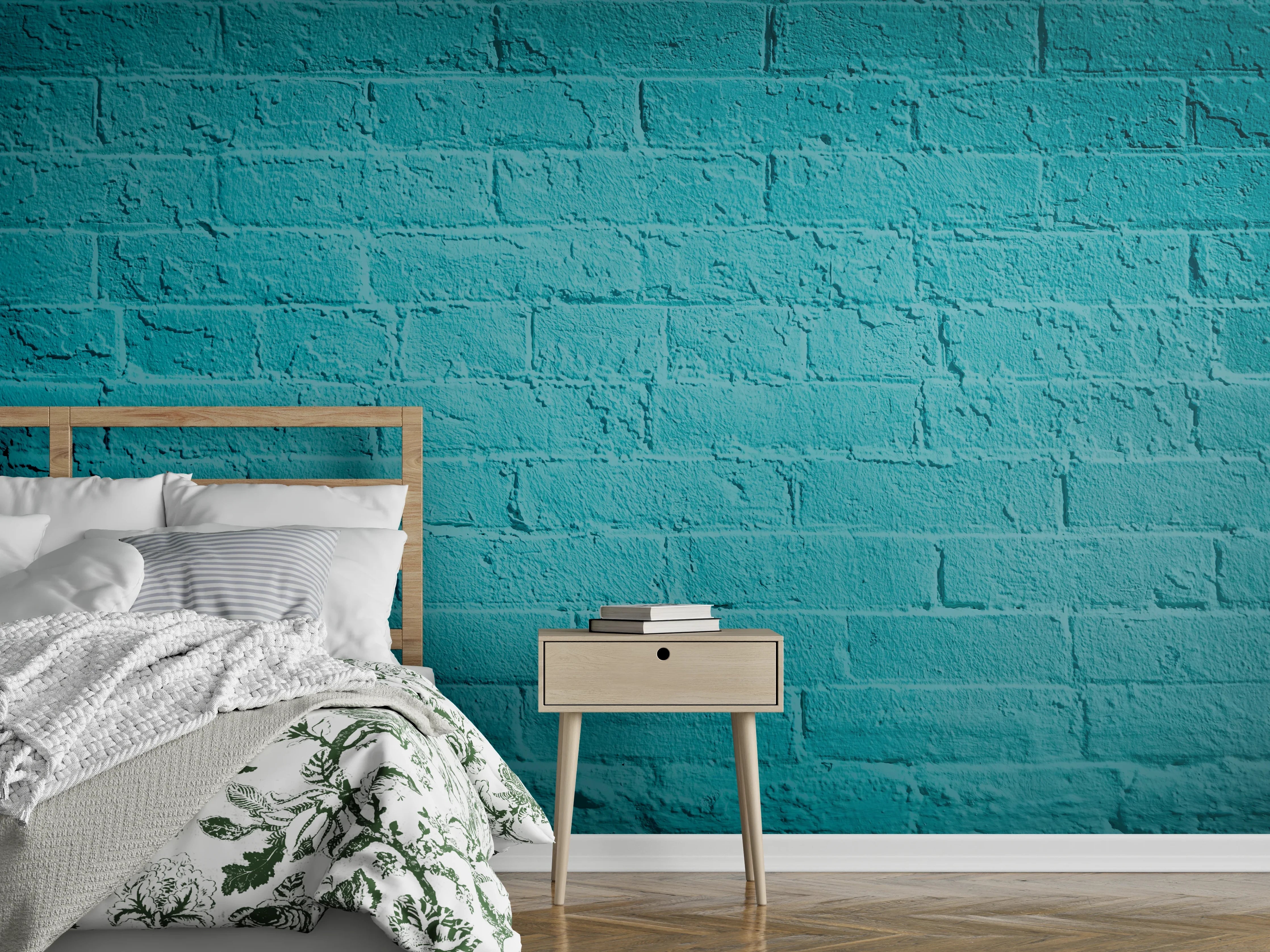 Wandverkleidung Schlafzimmer - Türkisfarbene Backsteinwand modern
