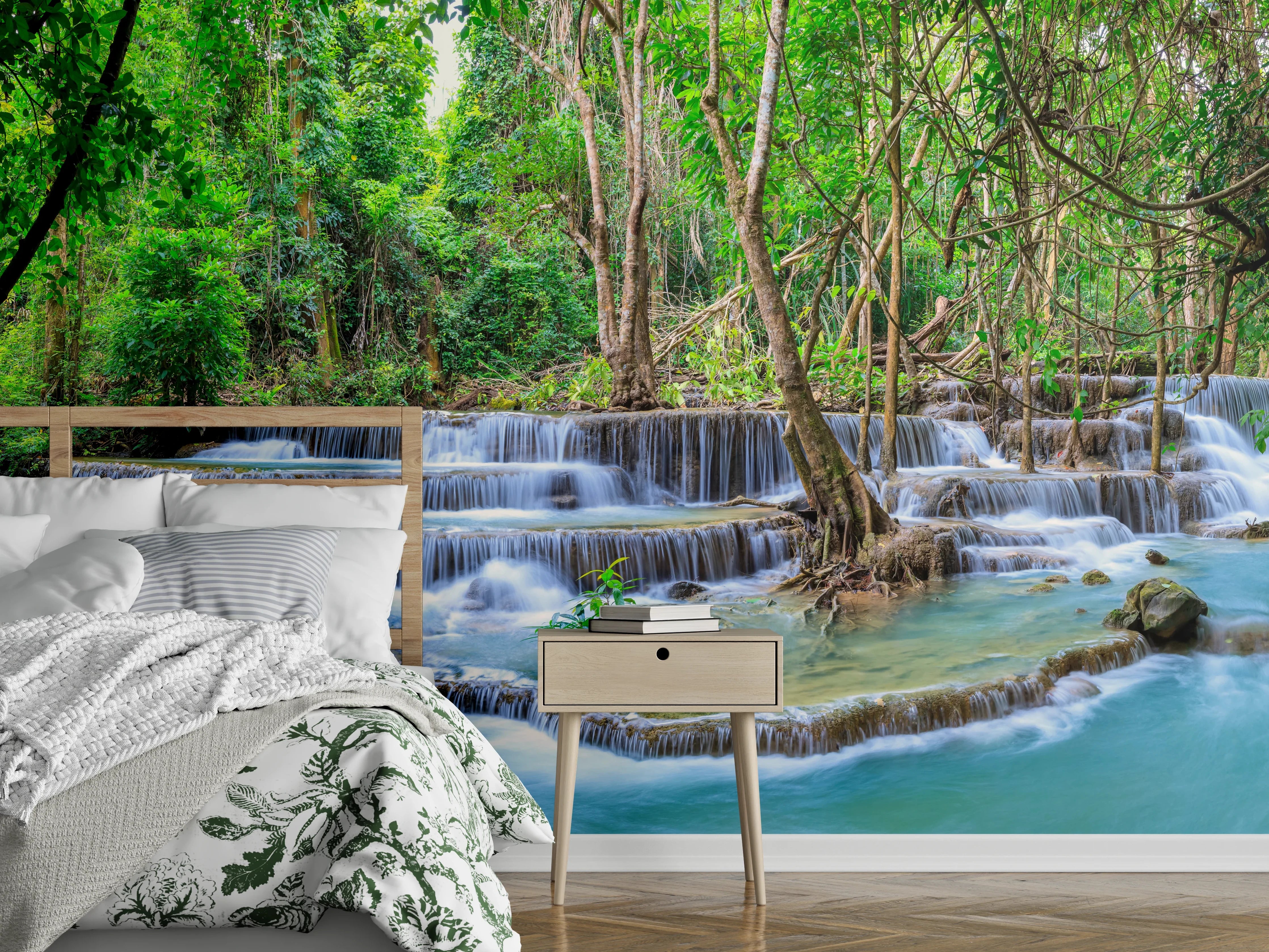 Wandverkleidung Schlafzimmer - Türkisgrüner Dschungel-Wasserfall