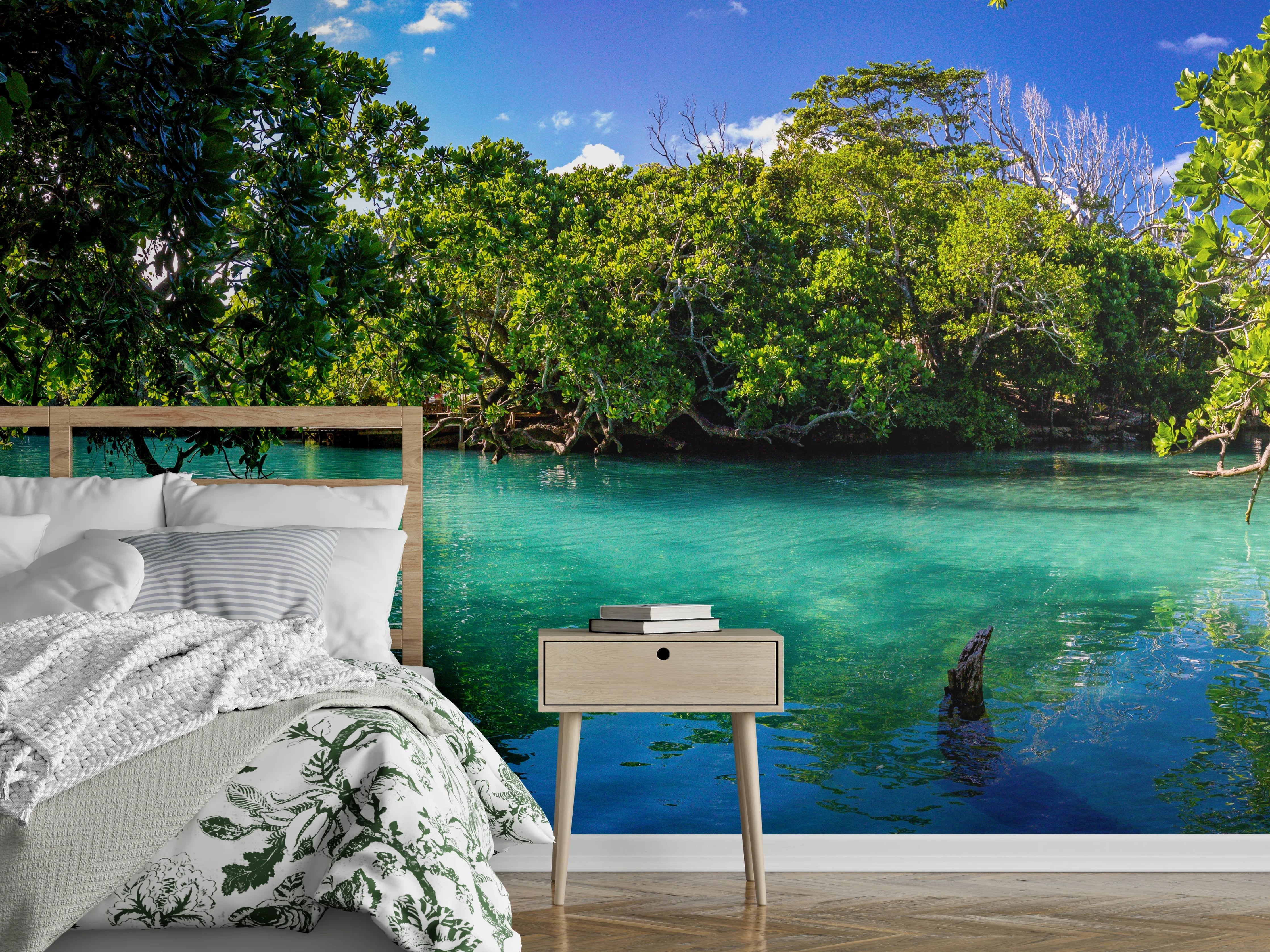 Wandverkleidung Schlafzimmer - Türkisgrüner Dschungel am Wasser