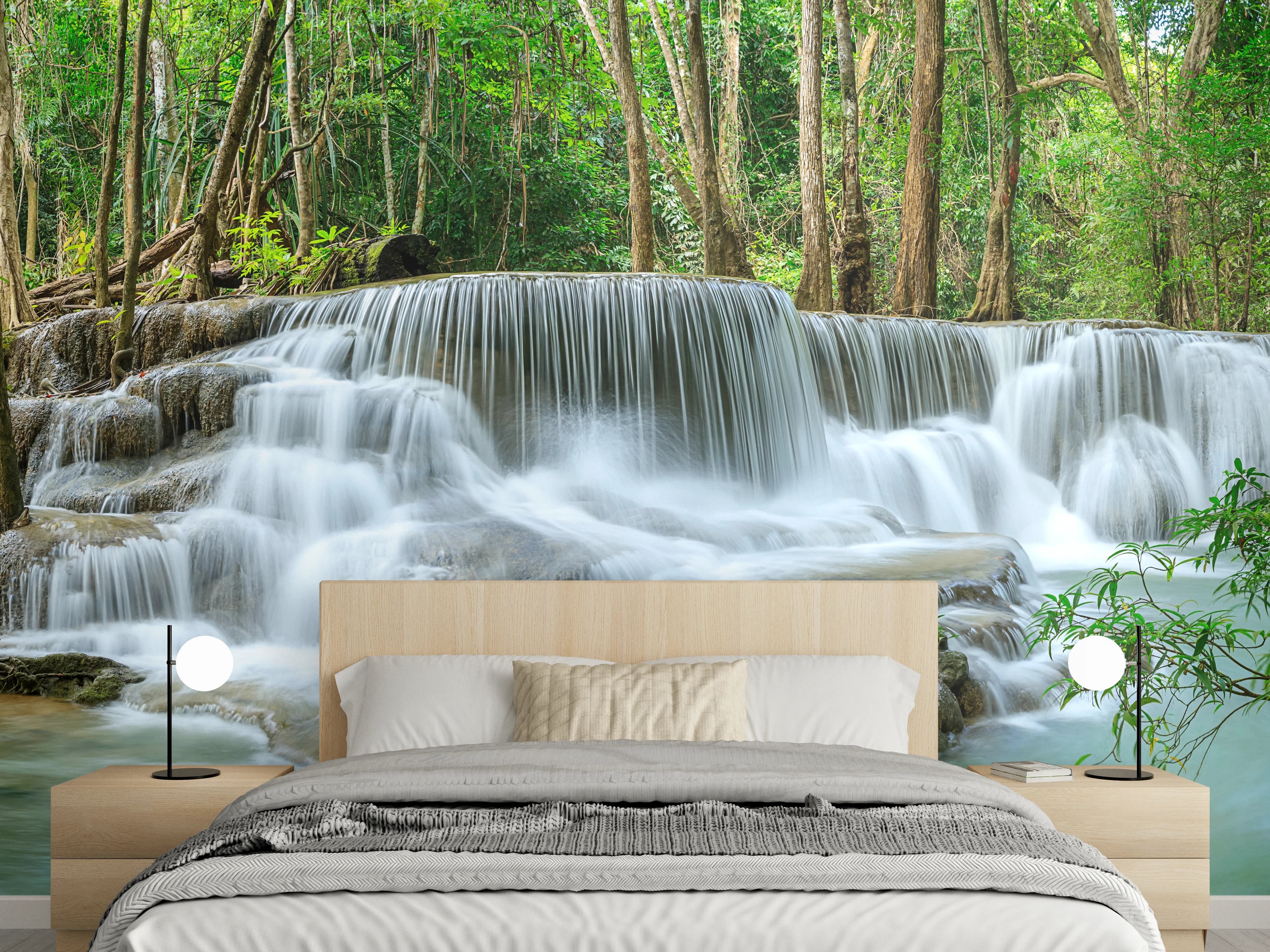 Wandverkleidung Schlafzimmer - Türkisgrüner Wasserfall im Wald