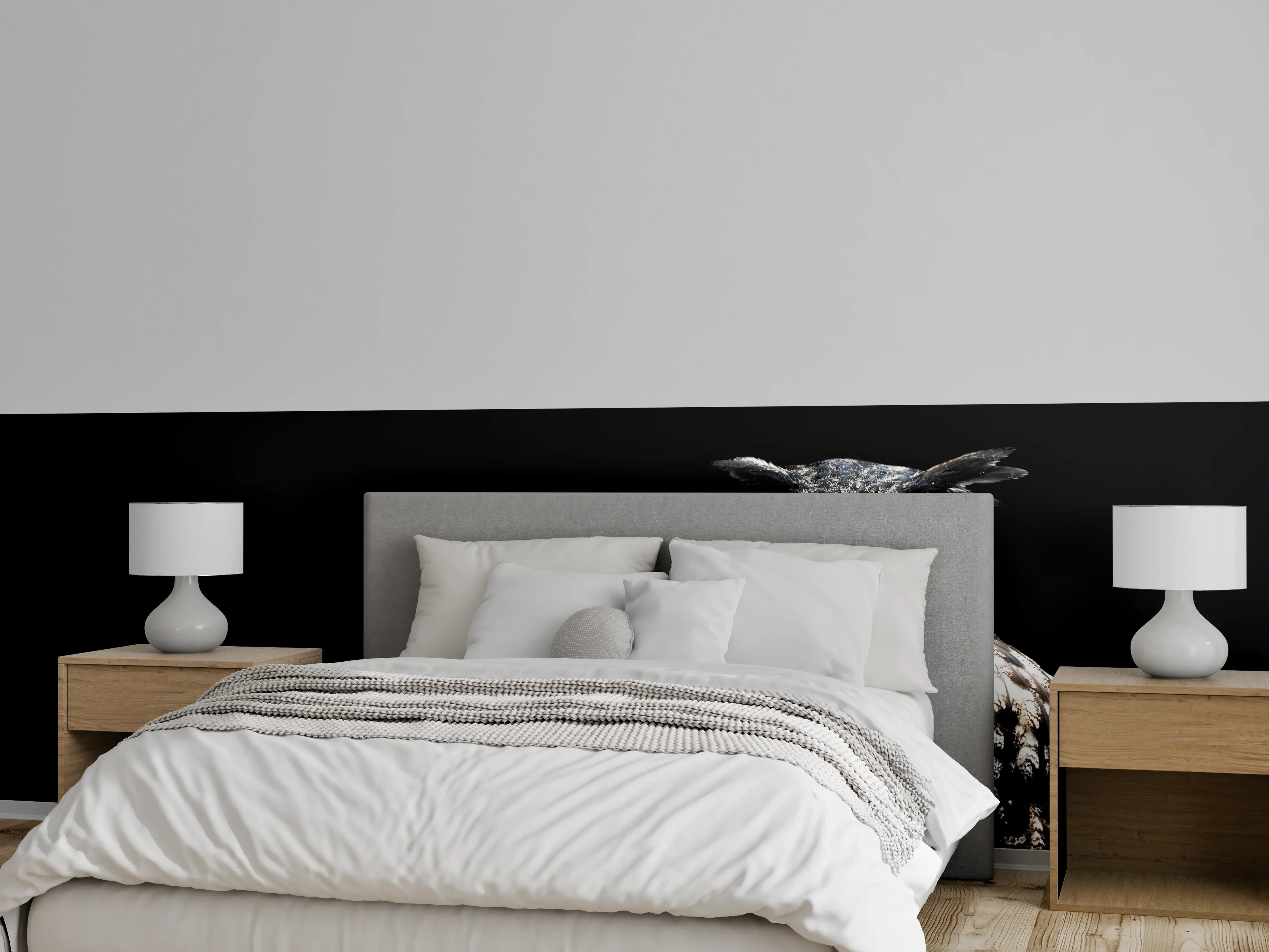 Wandverkleidung Schlafzimmer - Uhu auf schwarzem Hintergrund