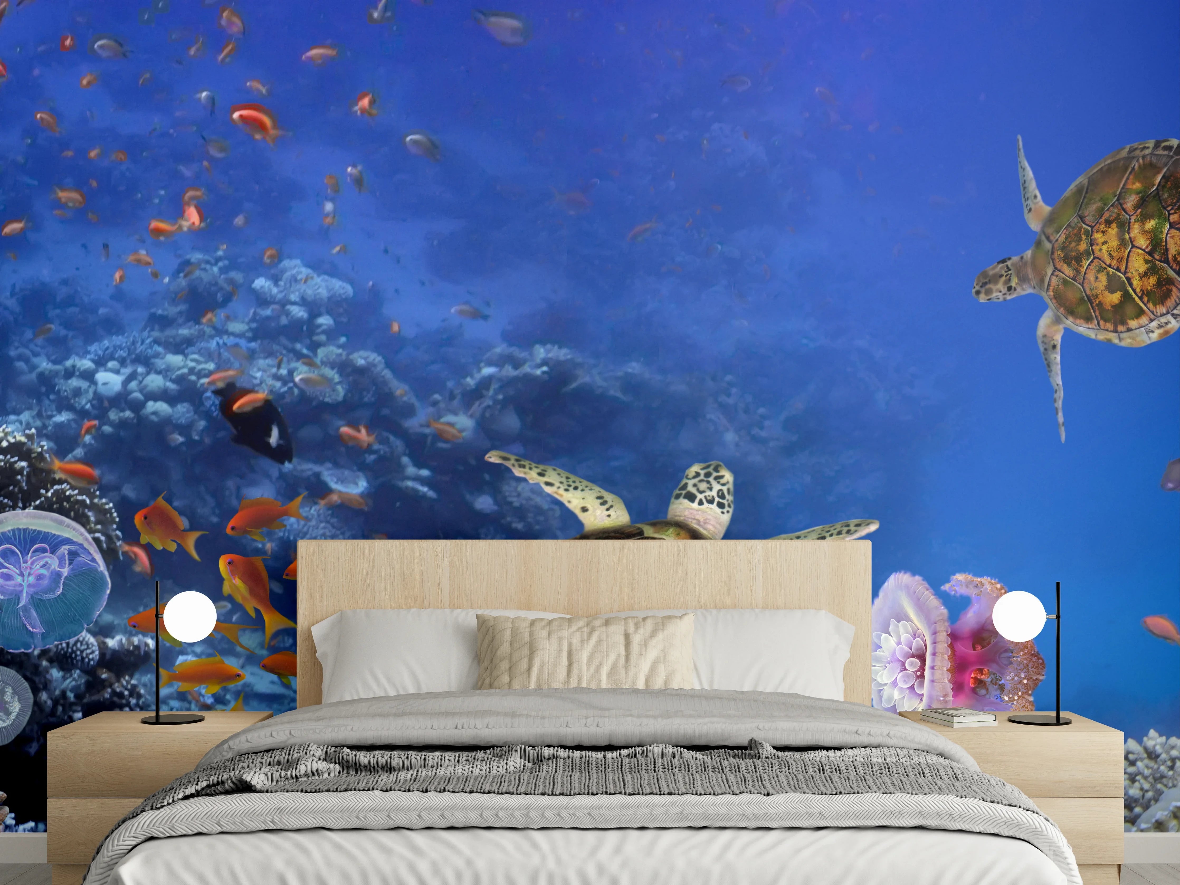 Wandverkleidung Schlafzimmer - Unterwasser-Panorama mit Schildkröte