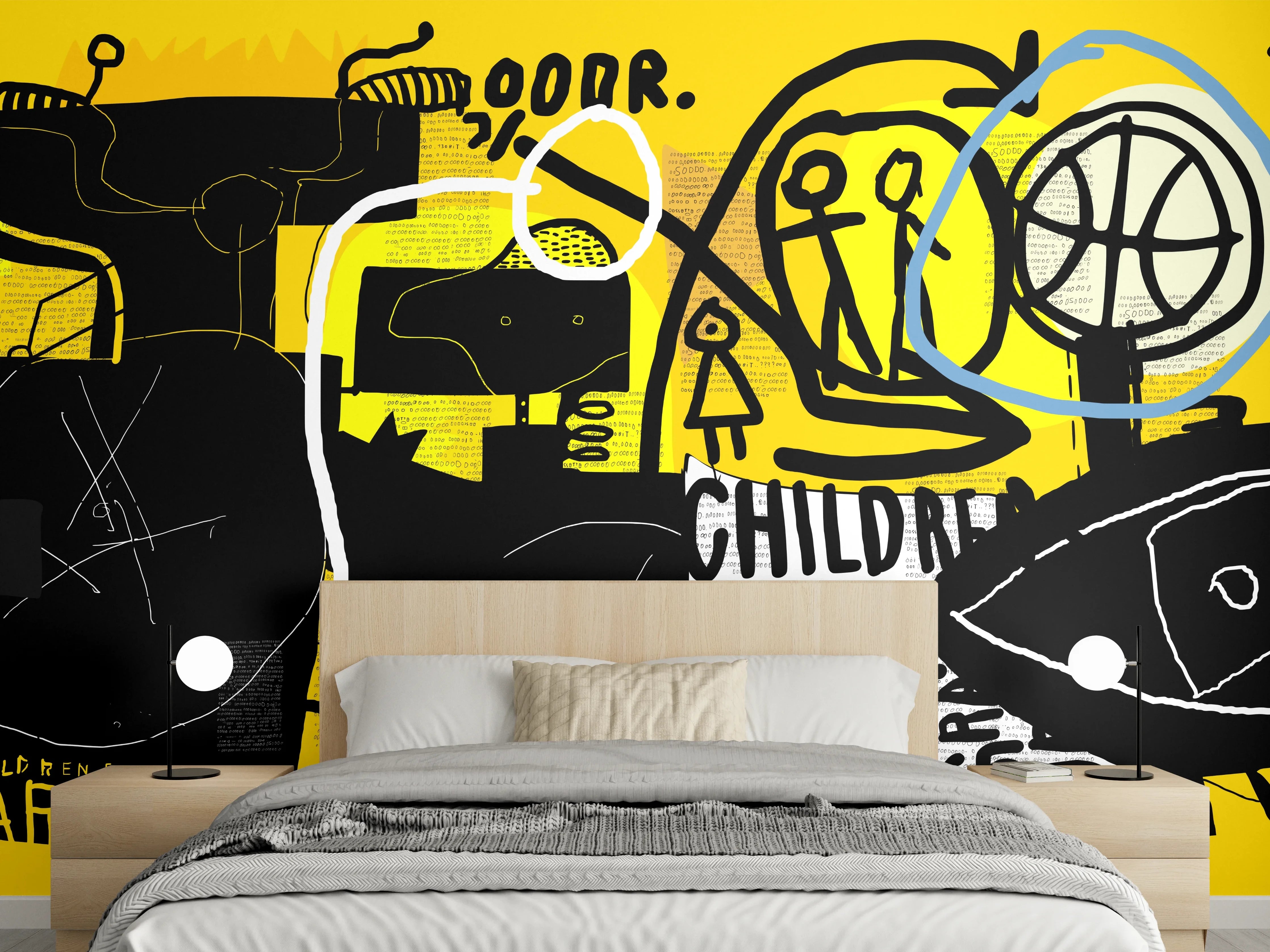 Wandverkleidung Schlafzimmer - Urbanes Graffiti-Kunstwerk Gelb Schwarz