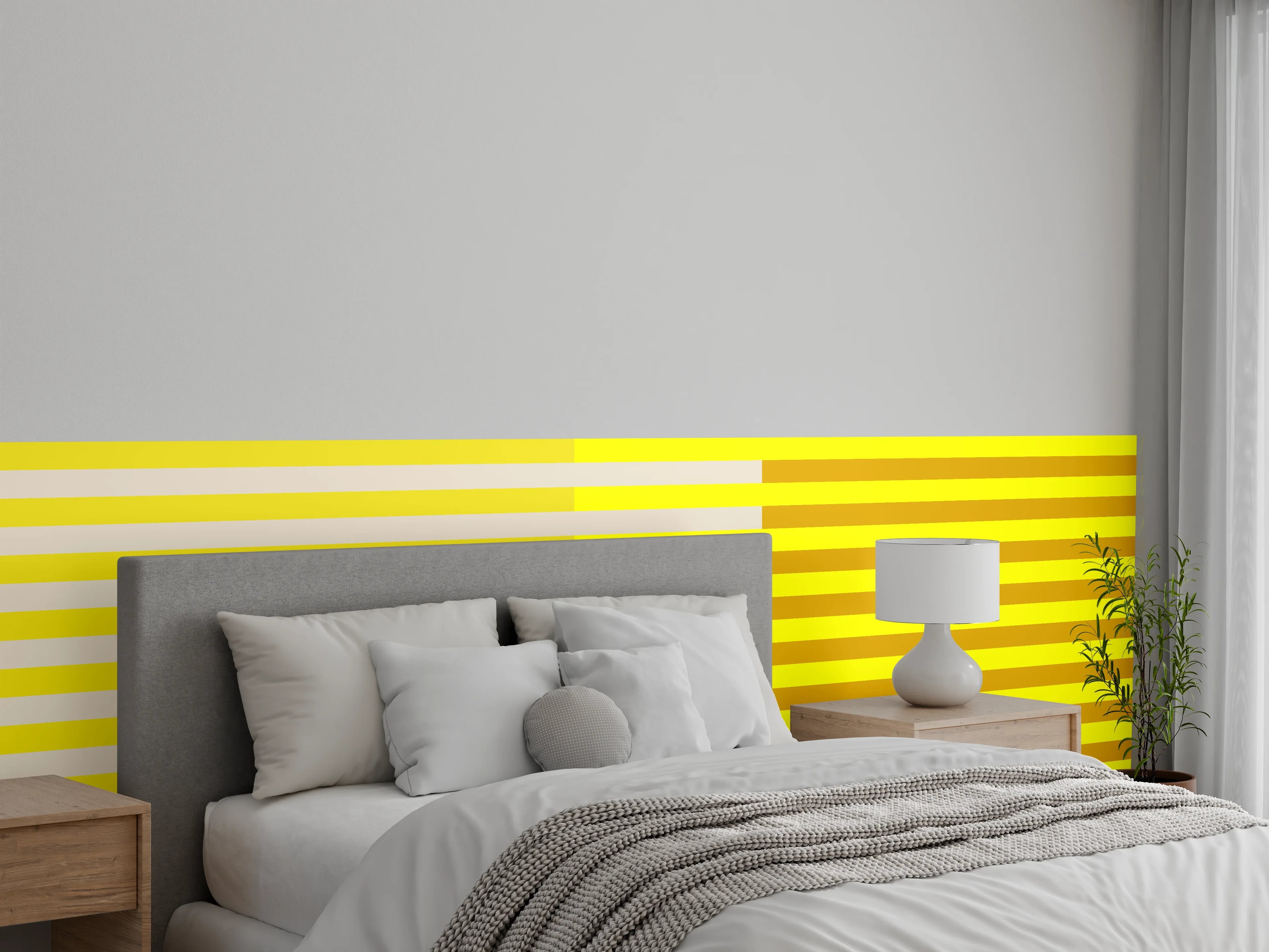Wandverkleidung Schlafzimmer - Urbanes Streifenspiel in Grau-Orange