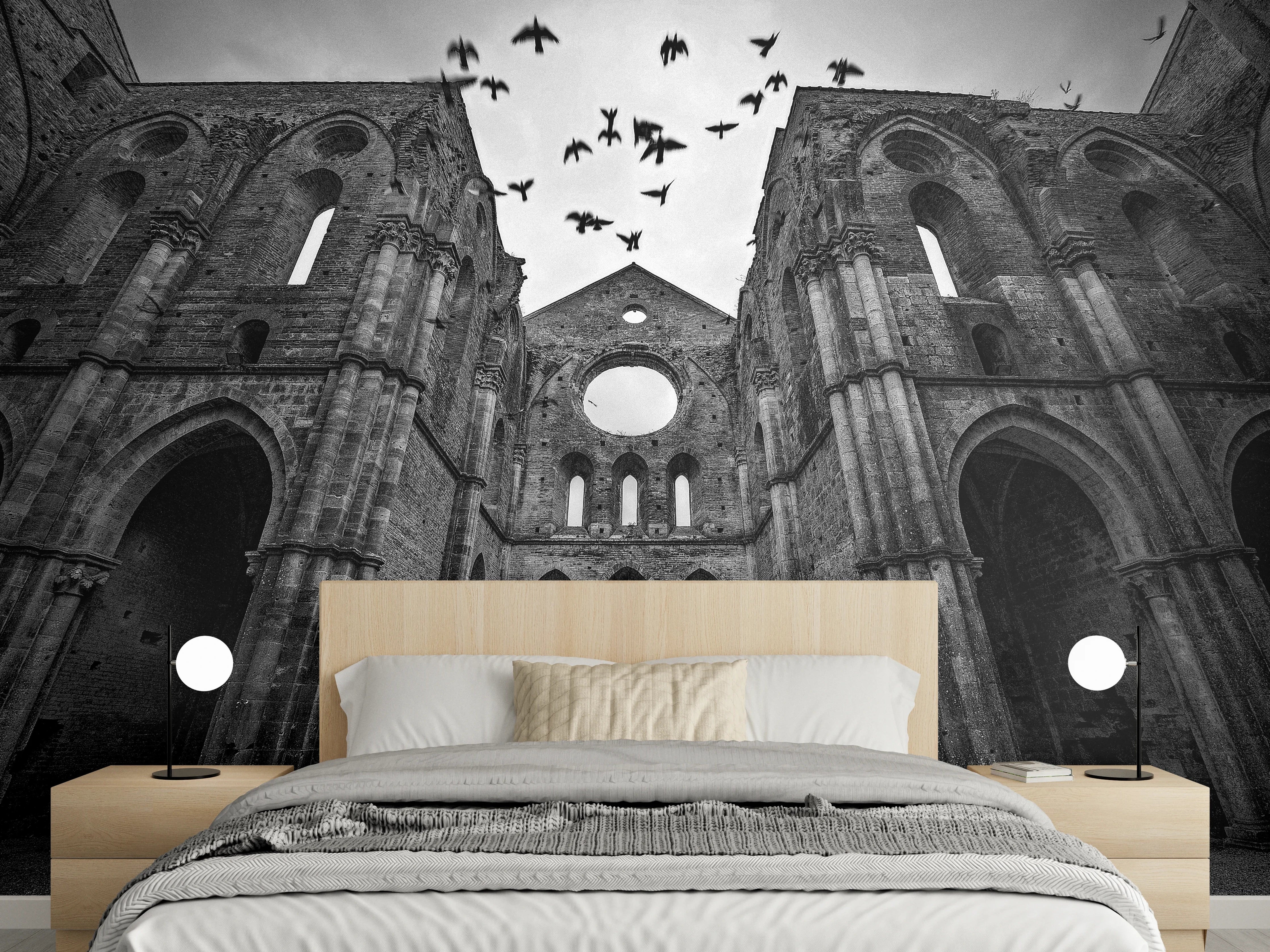 Wandverkleidung Schlafzimmer - Verfallene Kathedrale in Schwarz-Weiß