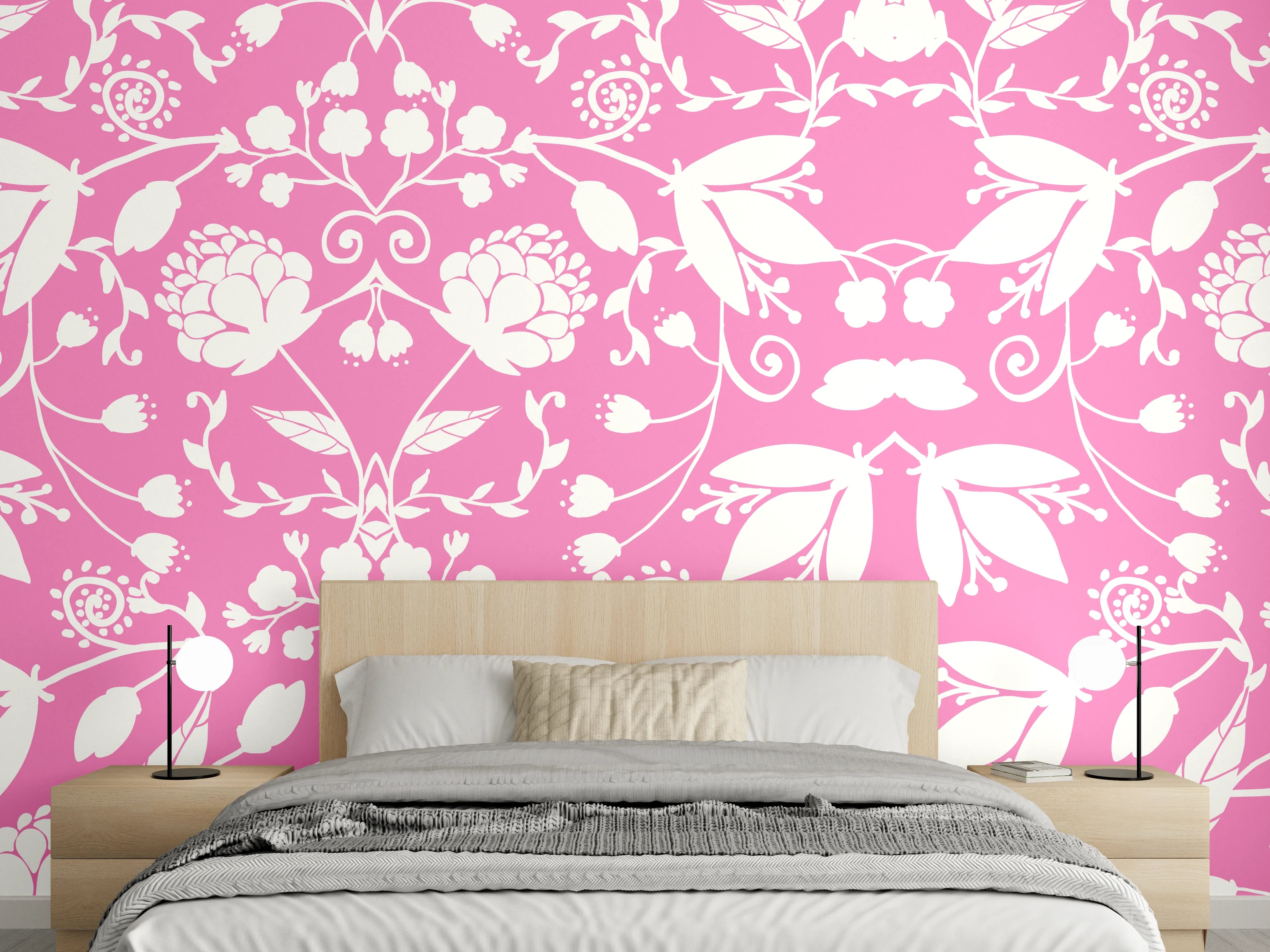 Wandverkleidung Schlafzimmer - Verspielte Blumenmuster in Rosa und Weiß