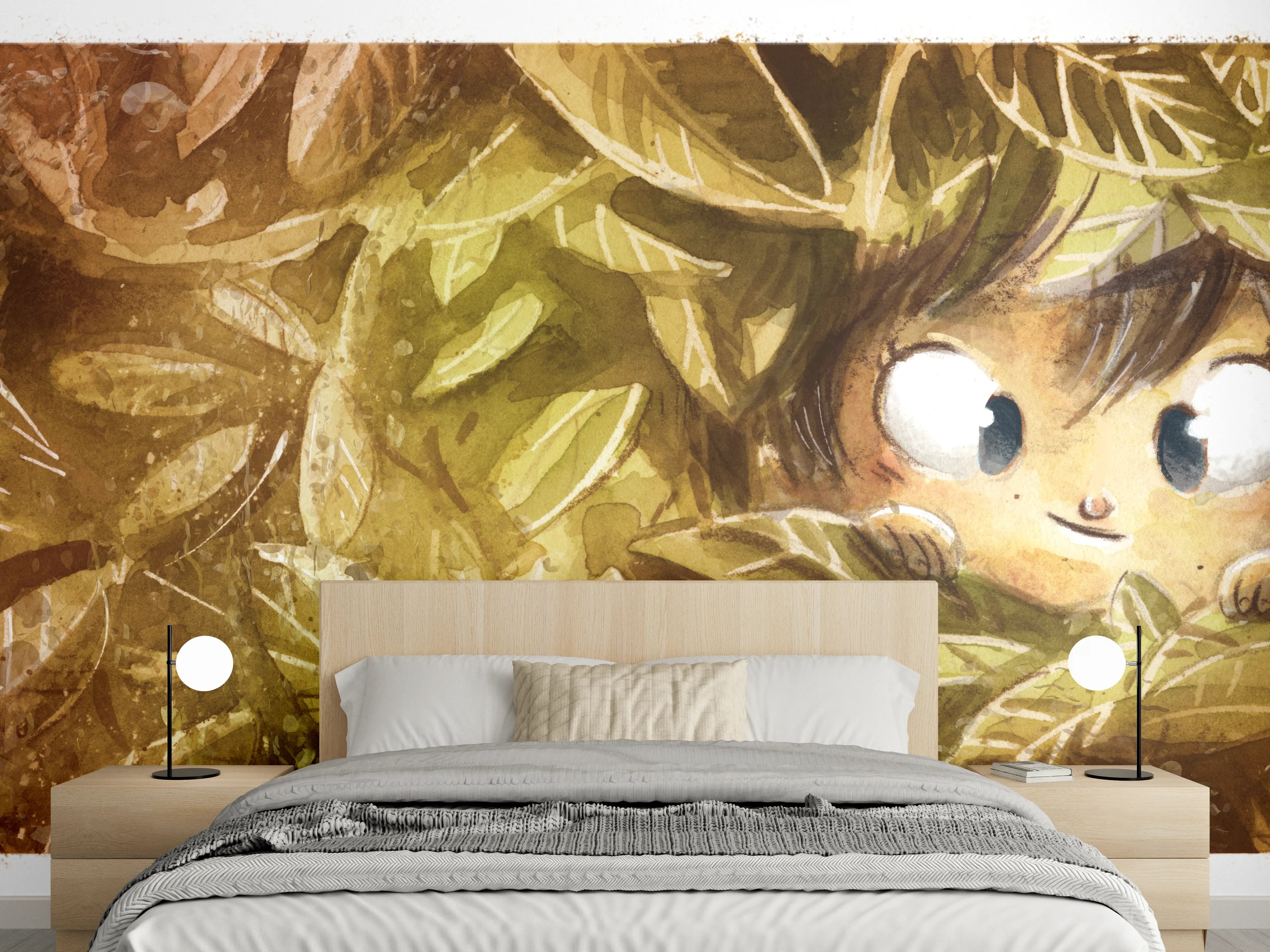Wandverkleidung Schlafzimmer - Verspielte Kinder-Illustration im Blätterversteck