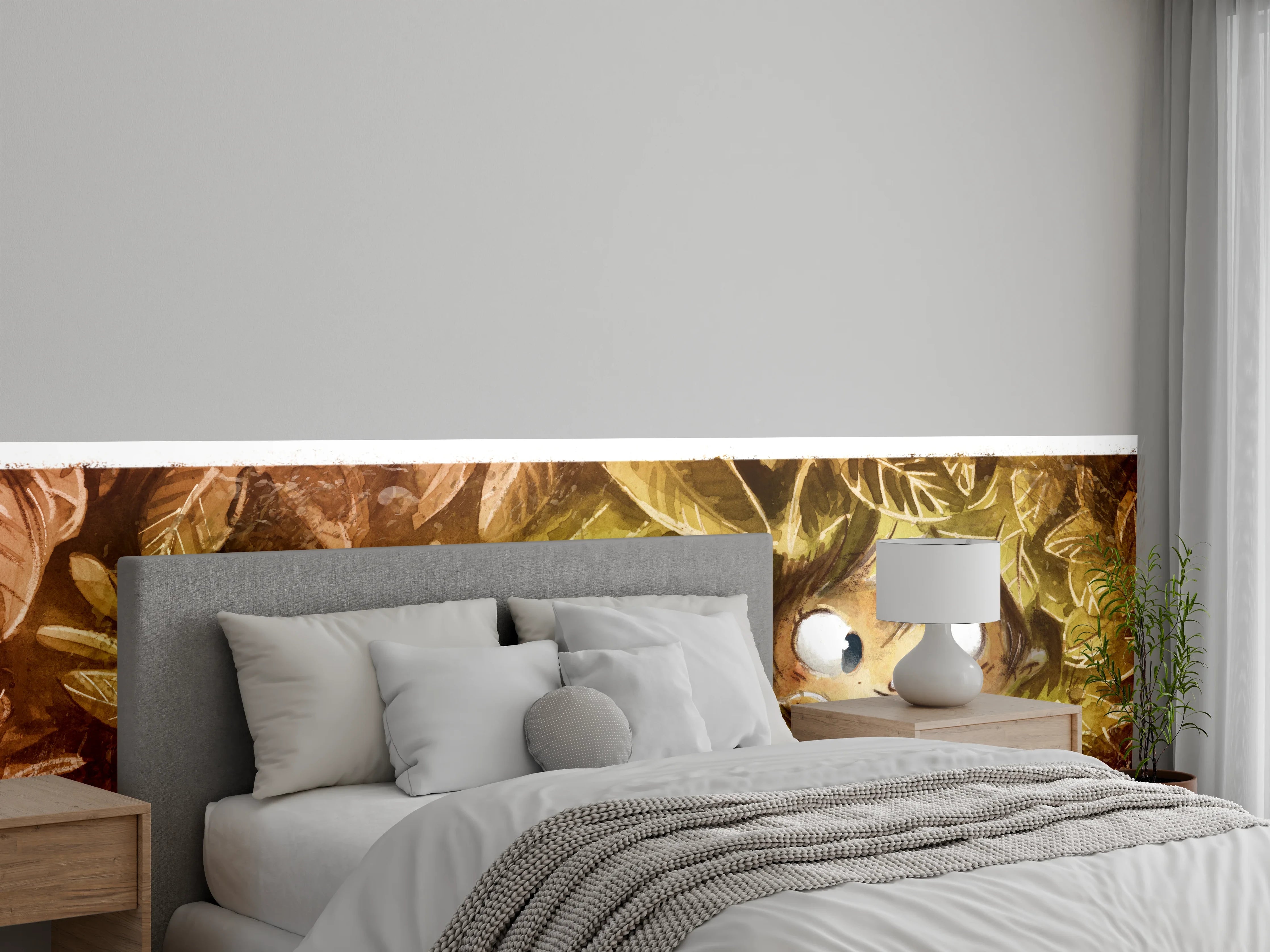 Wandverkleidung Schlafzimmer - Verspielte Kinder-Illustration im Blätterversteck
